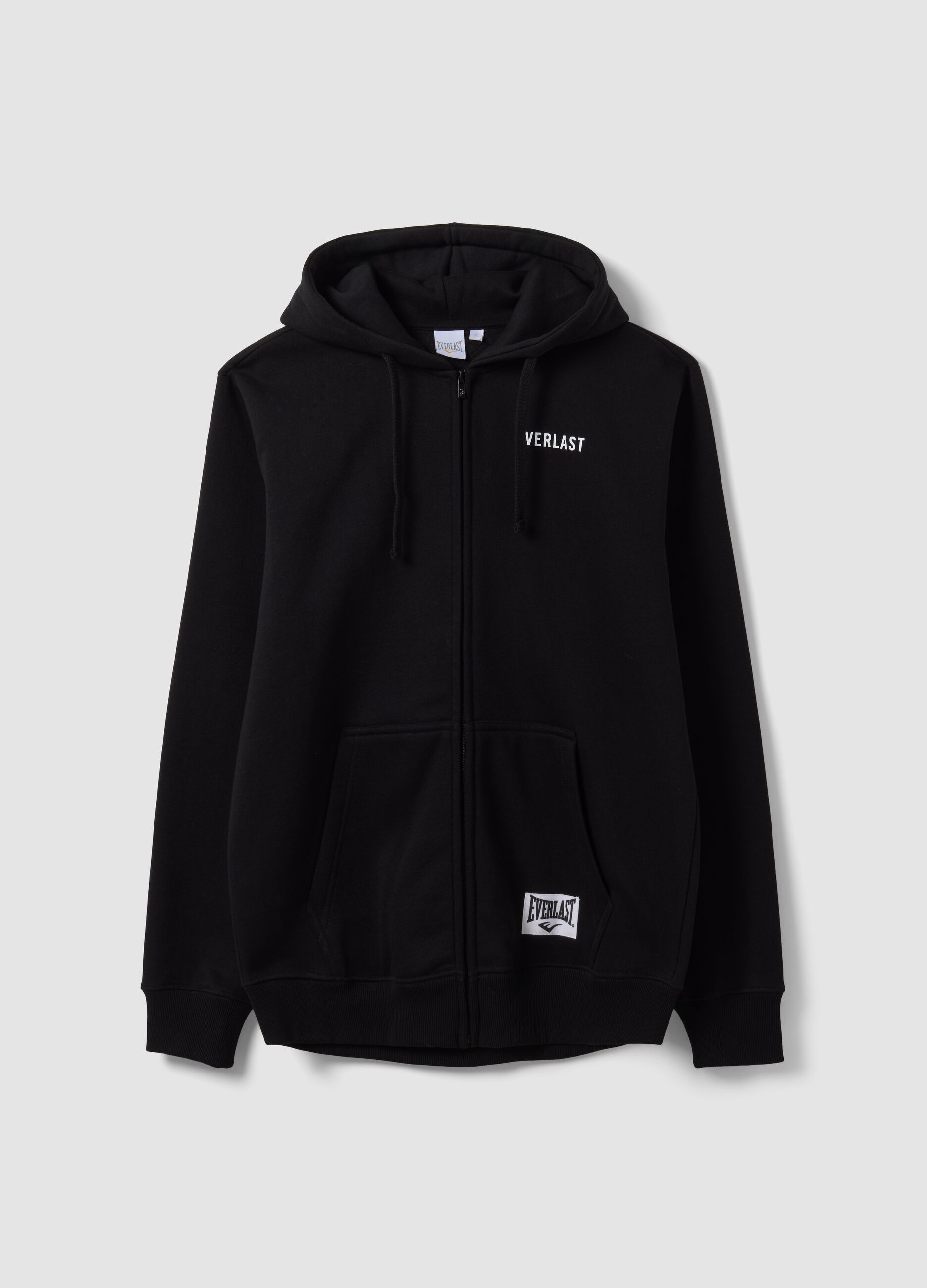 Sweatshirt preta com capuz e fecho de correr em mistura de algod&atilde;o