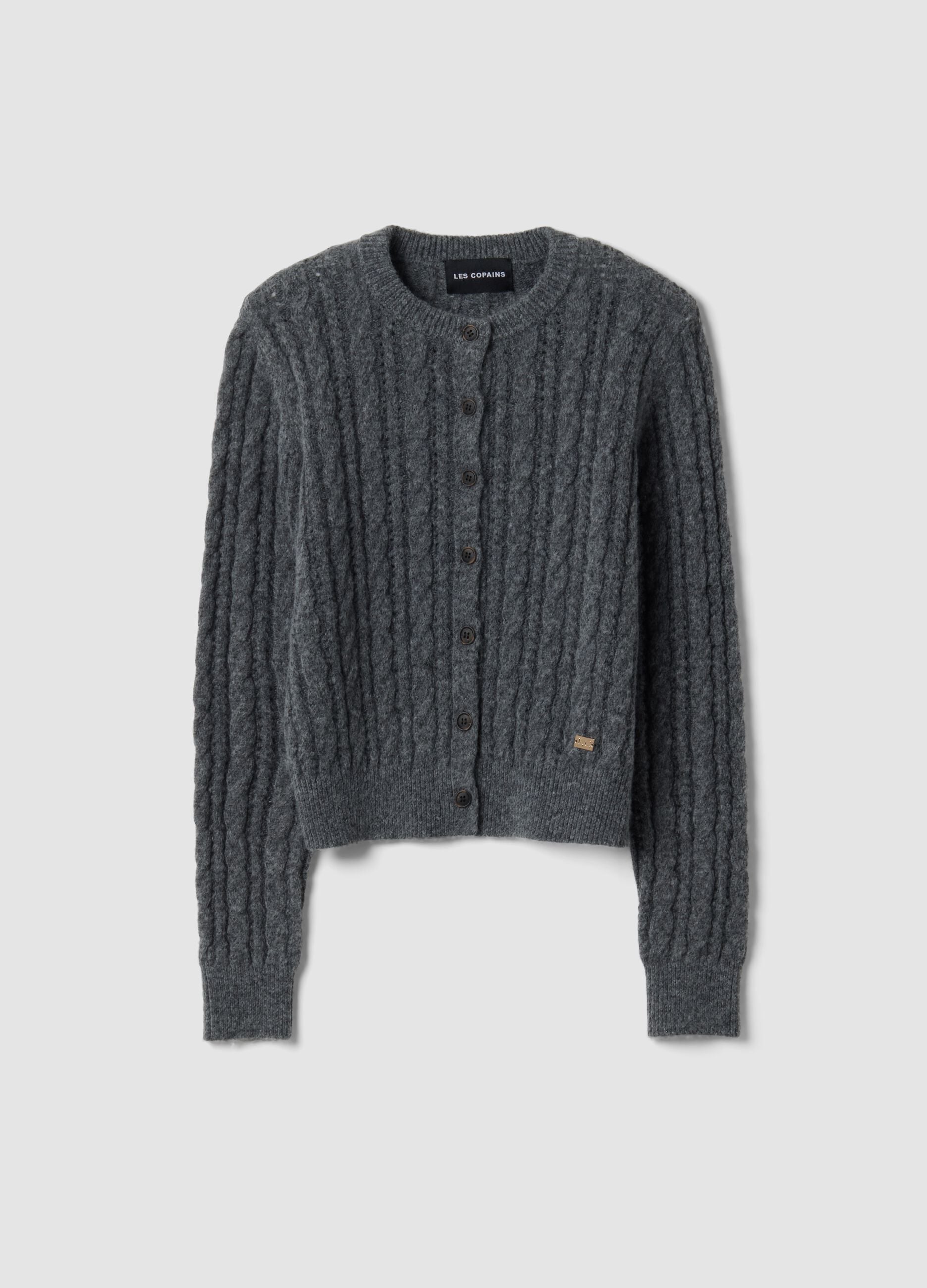 Cardigan cinzento em mistura de l&atilde; com tran&ccedil;as