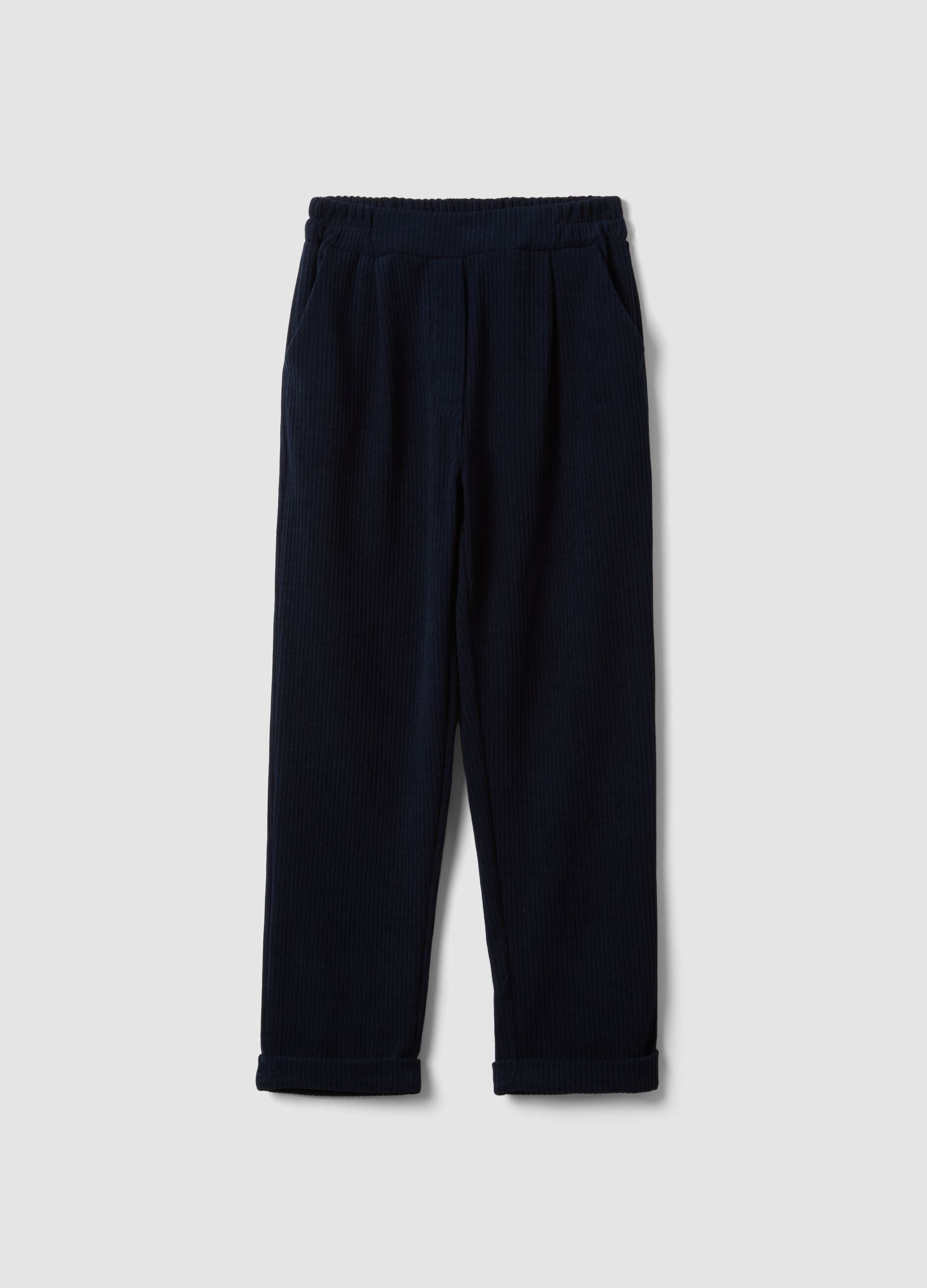 Navy blue ribbed stretch regular-fit trousers