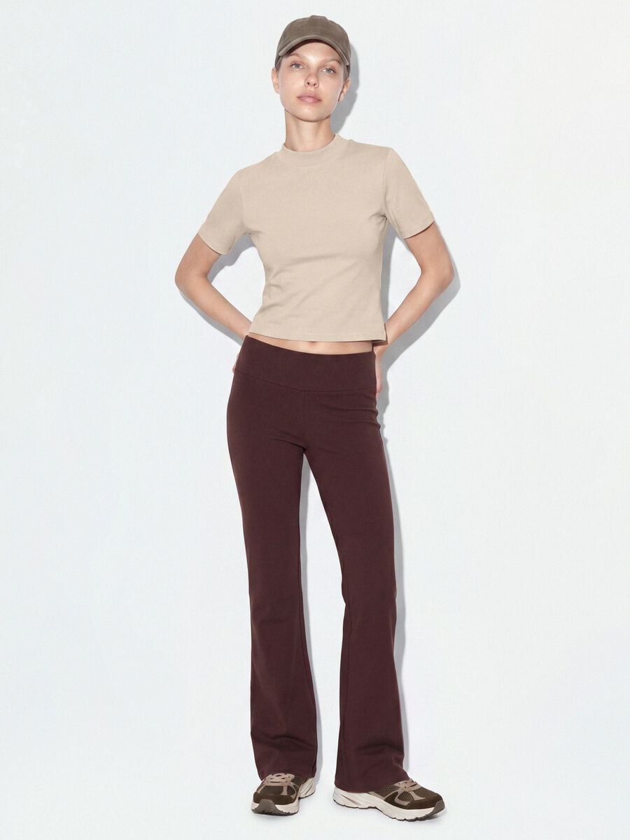 Beige fitted stretch-cotton T-shirt with high neck_1