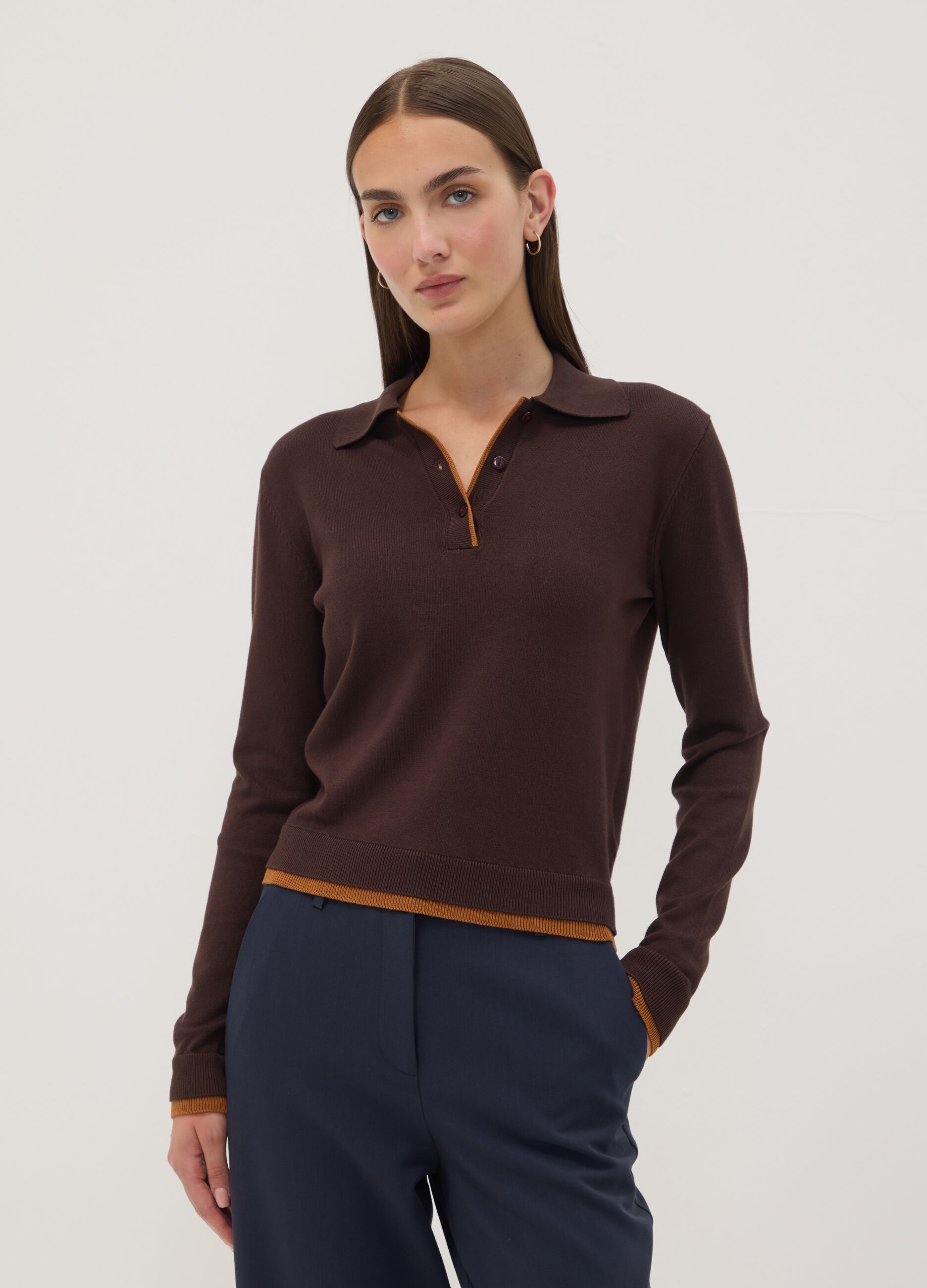 Brown viscose-blend polo-collar jumper, regular fit