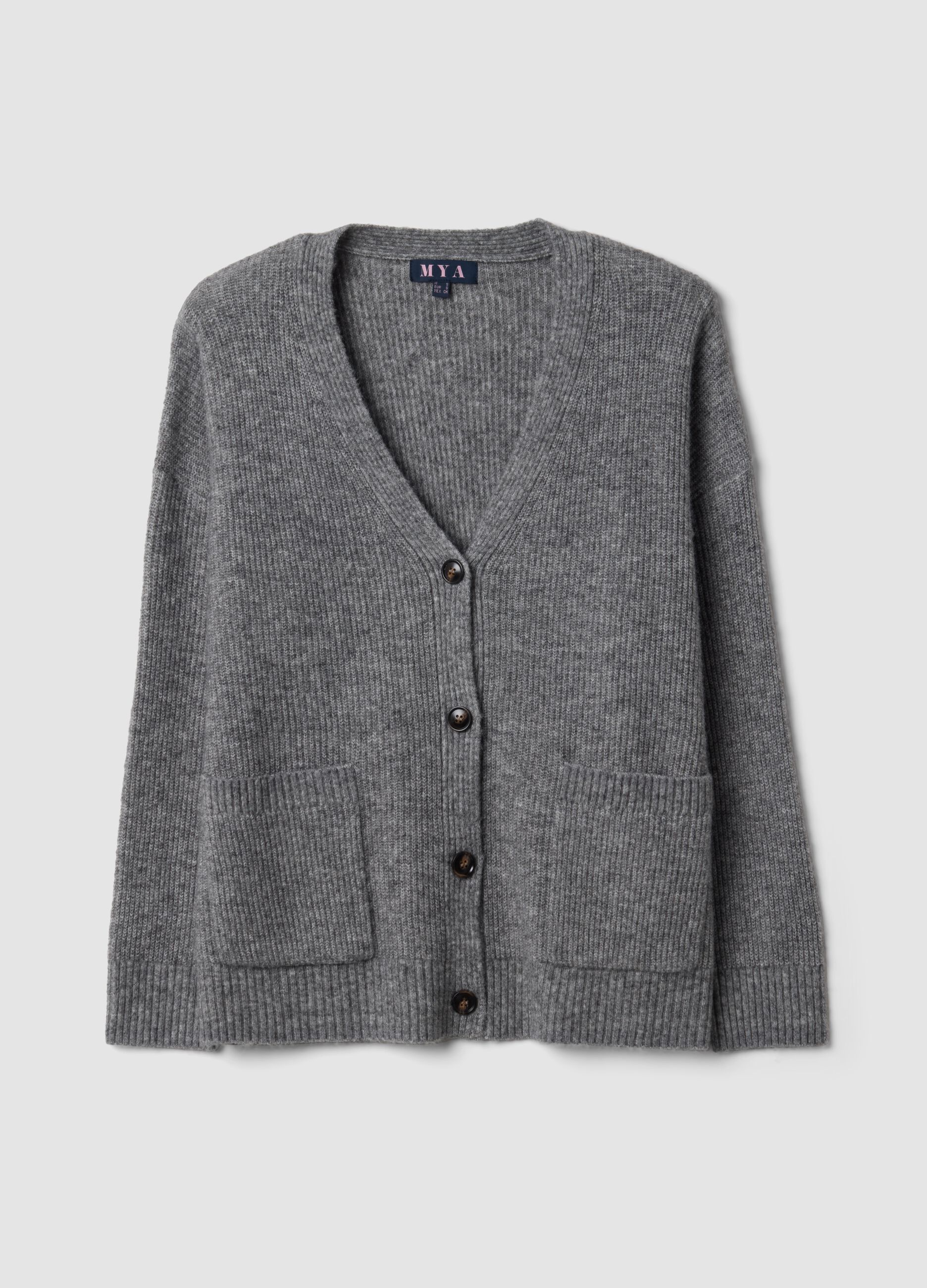 Cardigan cinzento em tecido el&aacute;stico com decote em V profundo