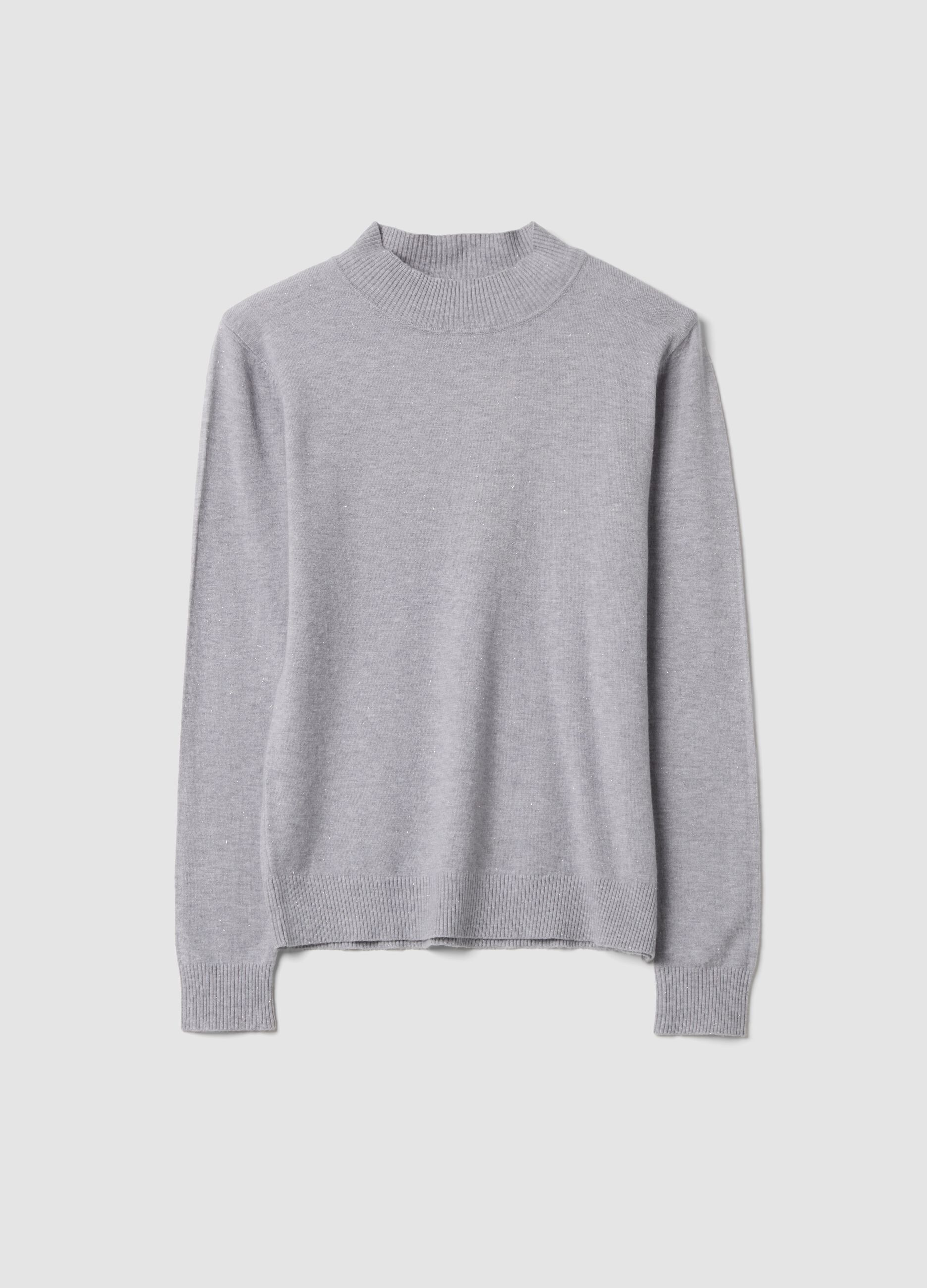 Grey viscose-blend jumper with high neck, regular fit