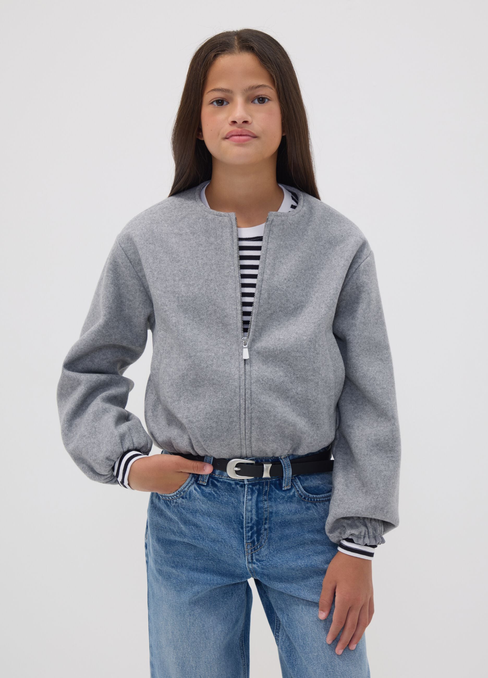 Girls&rsquo; grey regular-fit zip-up jacket