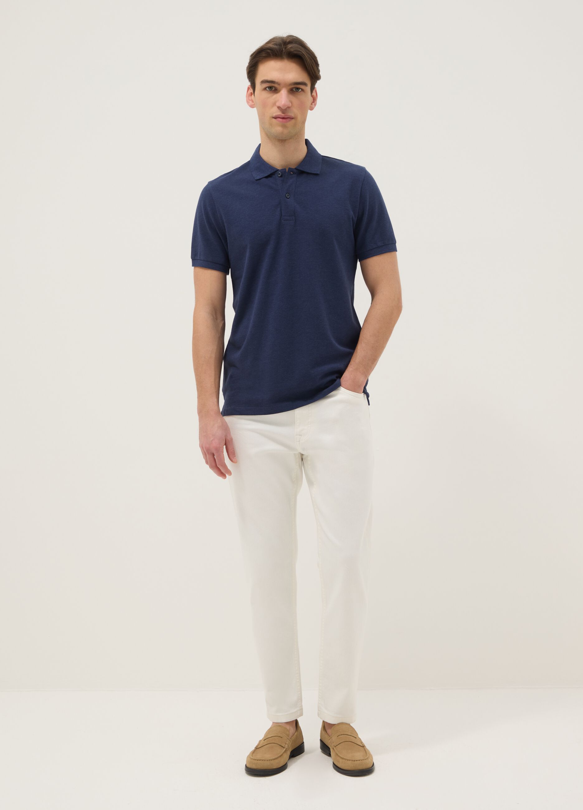 Blue pure cotton short-sleeve polo shirt, regular fit