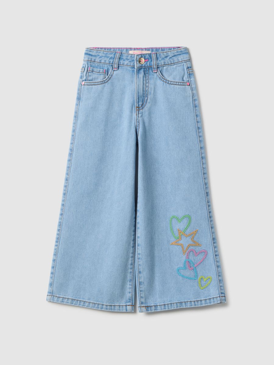 Girl's blue wide leg cotton jeans with embroidery_0