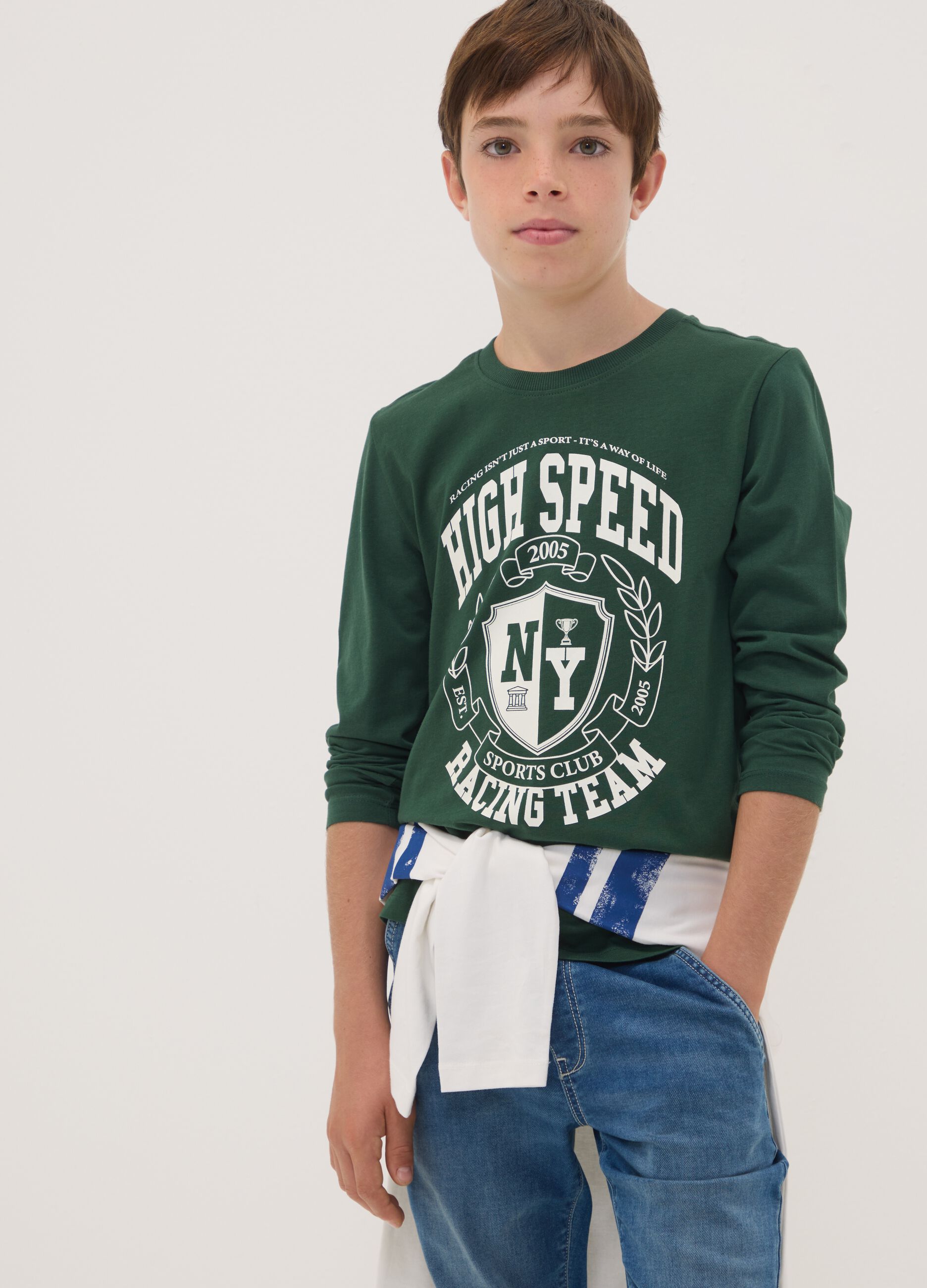 Green organic cotton T-shirt with varsity print