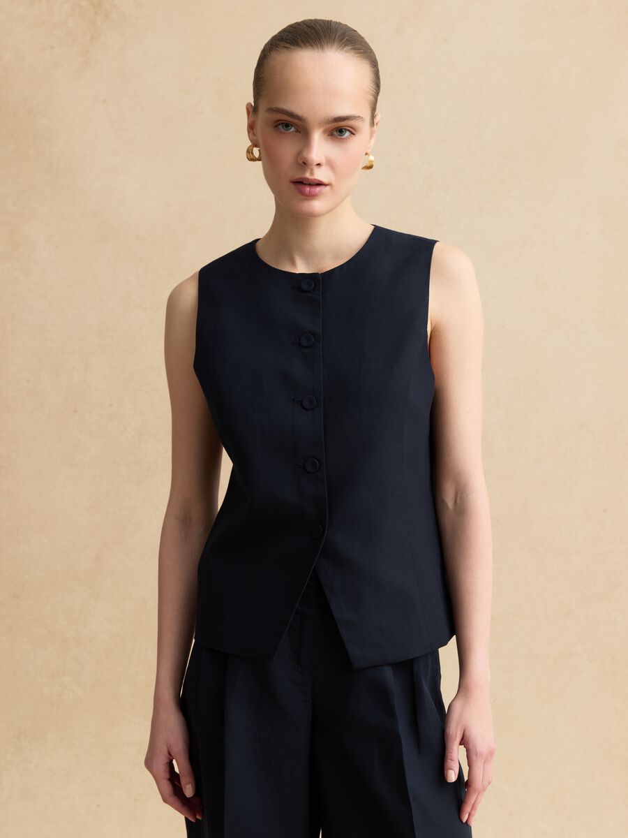 Blue Lyocell and Linen Regular Fit Waistcoat with Buttons_1