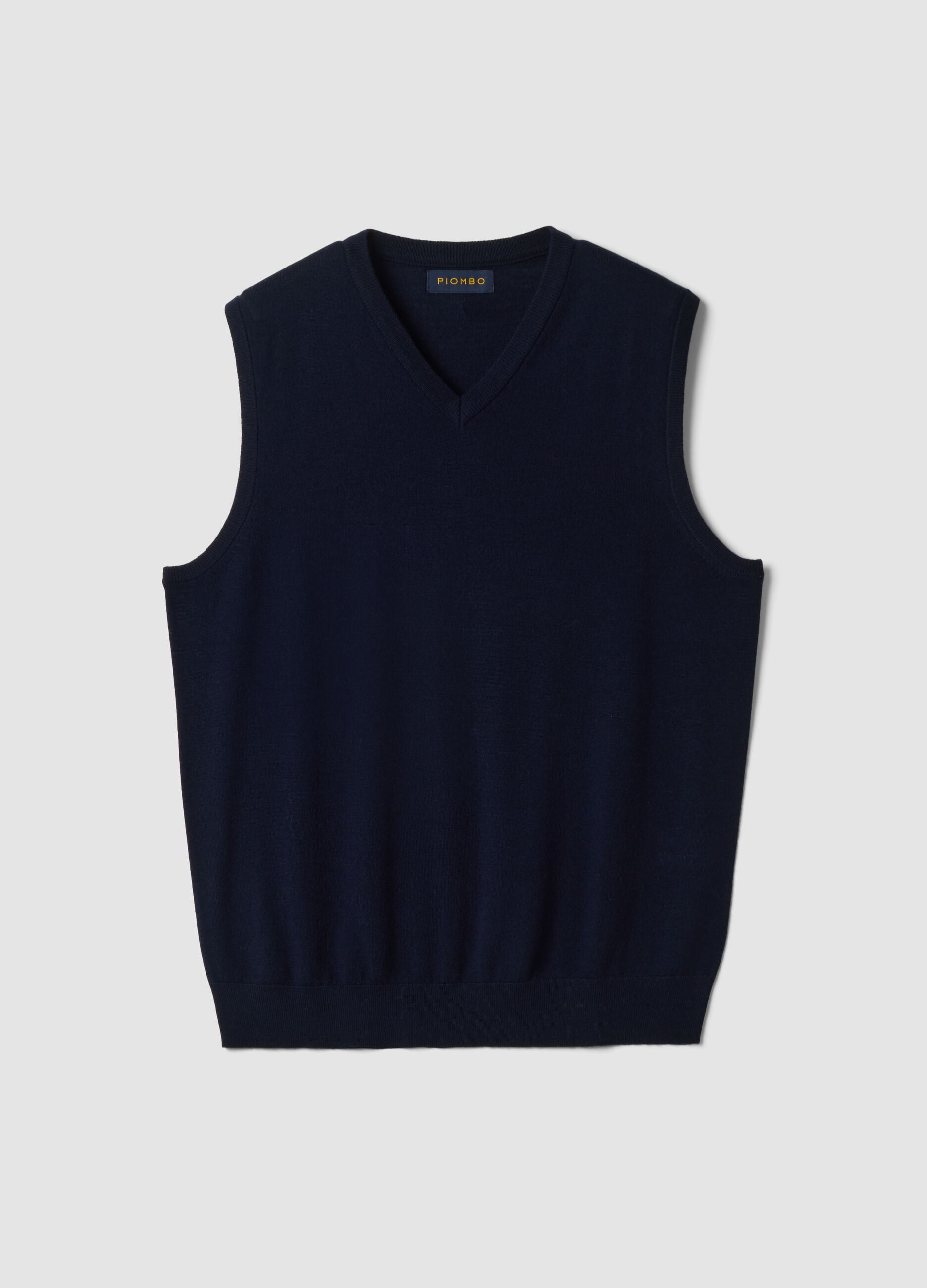 Navy blue pure merino wool gilet with deep V-neck, regular fit