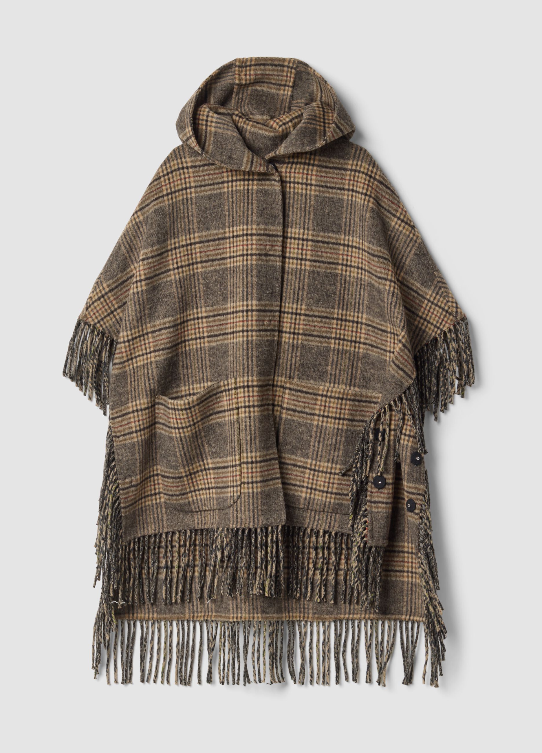 Brown checked wool and viscose blend cape with fringed trim