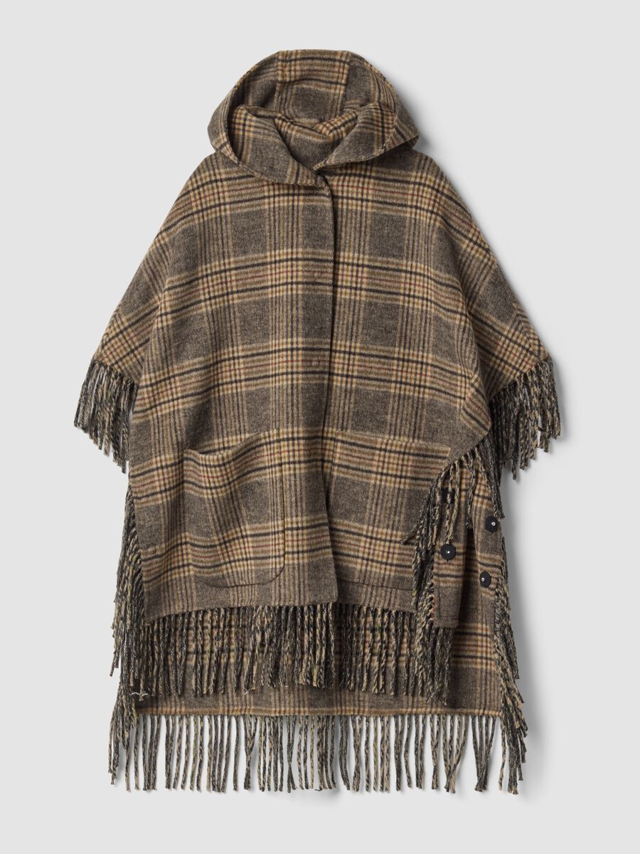 Brown checked wool and viscose blend cape with fringed trim_0