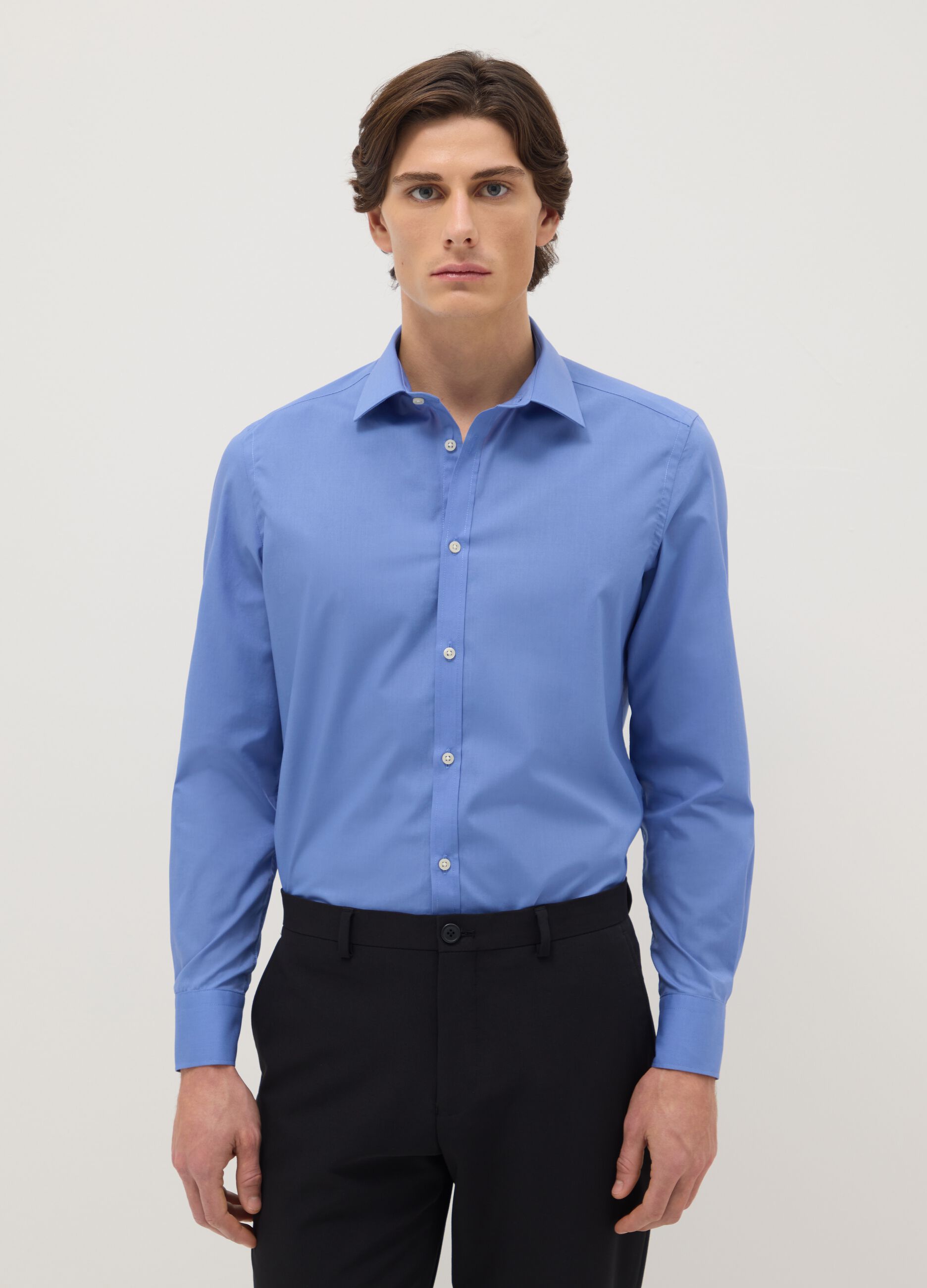 Light Blue Cotton-Blend Slim Fit Easy Iron Shirt