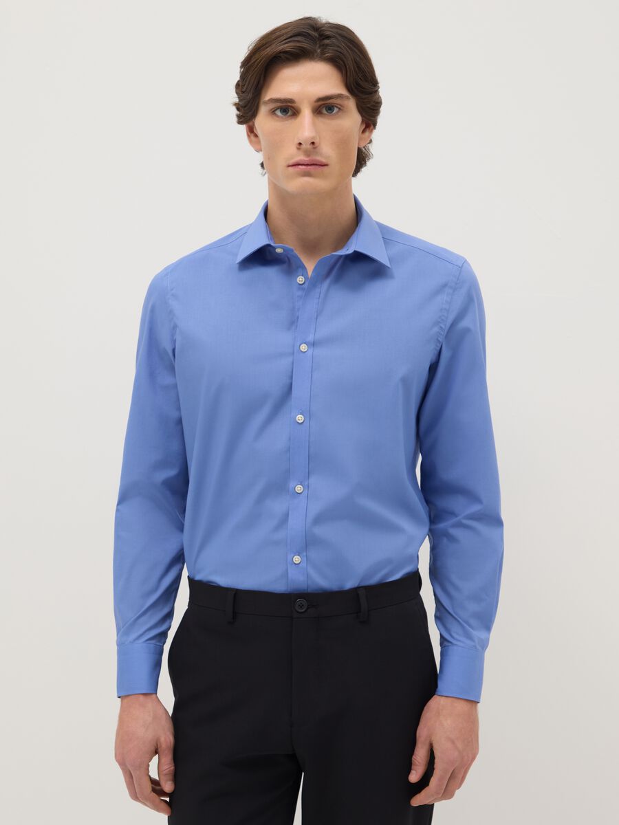 Light Blue Cotton-Blend Slim Fit Easy Iron Shirt_0