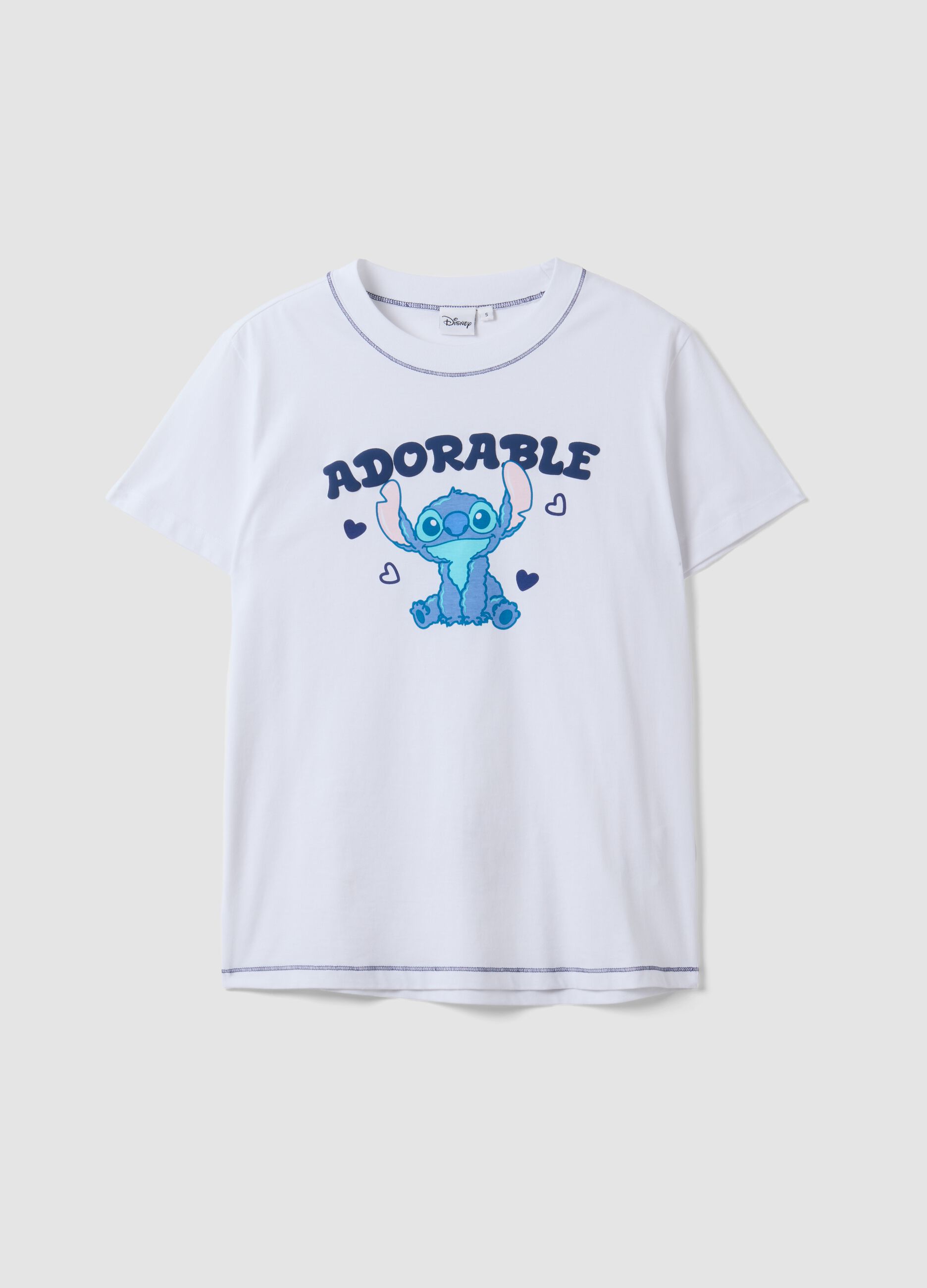 T-shirt branca em algod&atilde;o puro com estampado do Stitch, corte regular