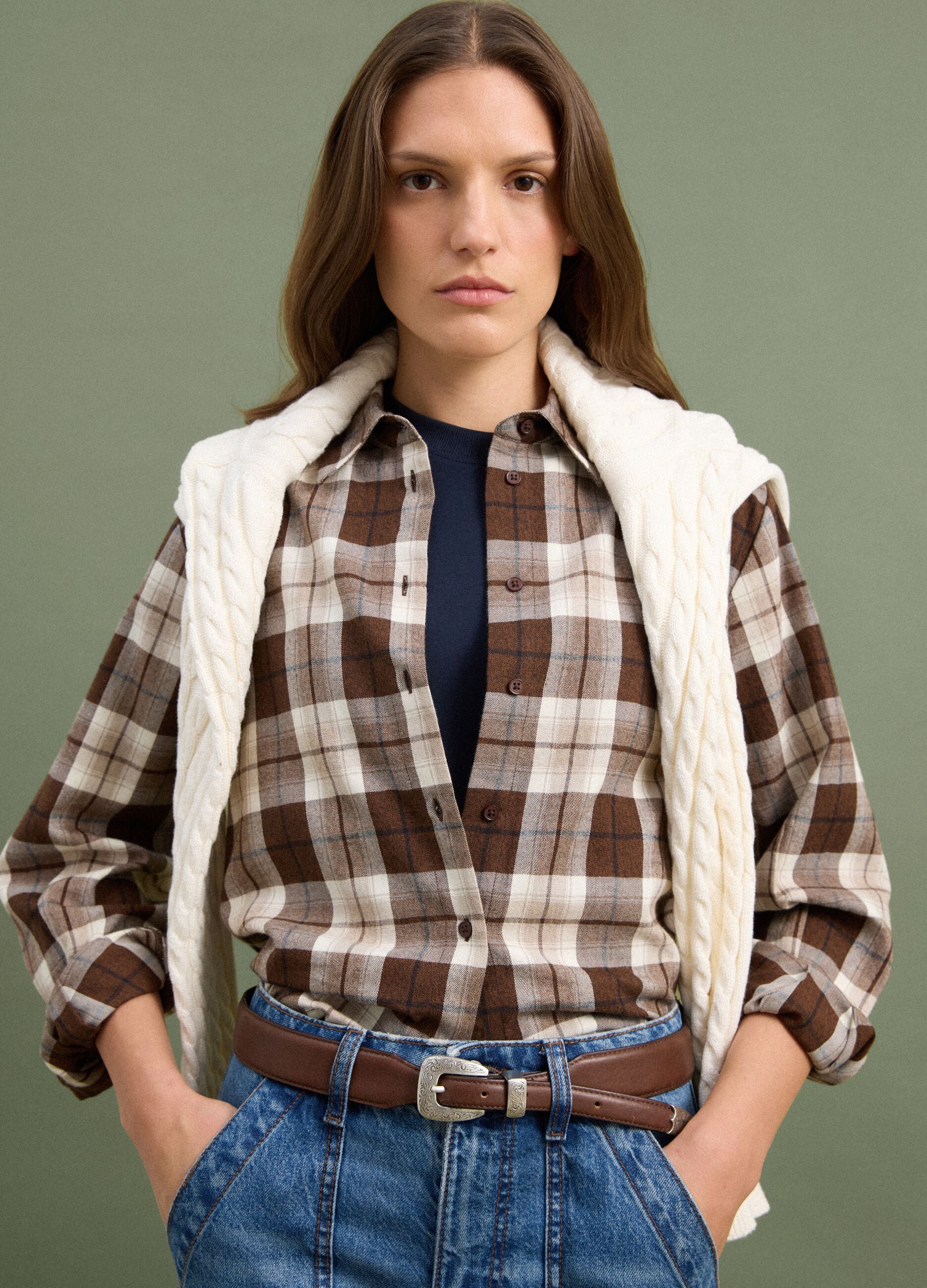 Camicia marrone a quadri in flanella di puro cotone regular fit