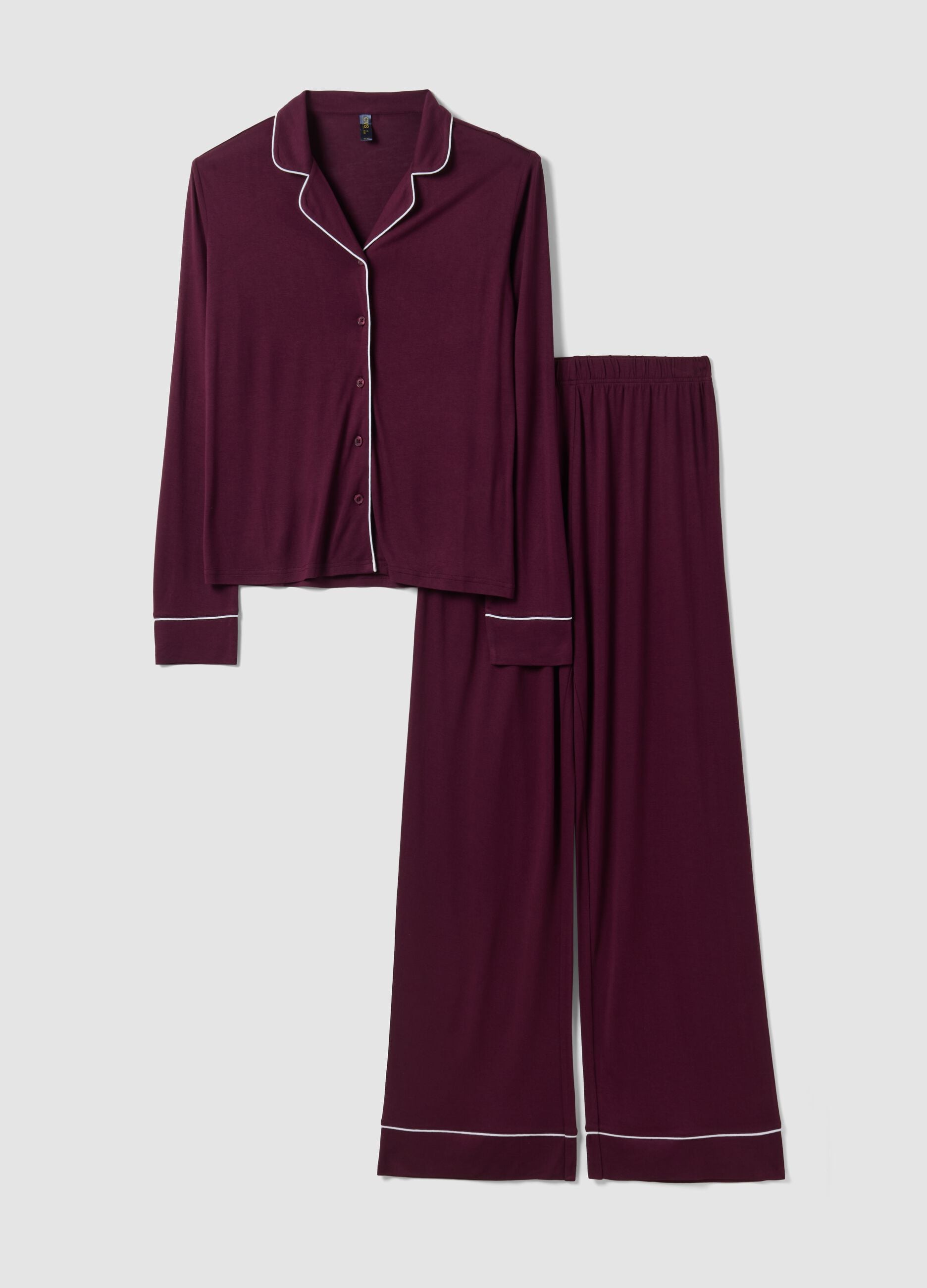 Purple pure viscose pyjamas with V-neck and contrast piping