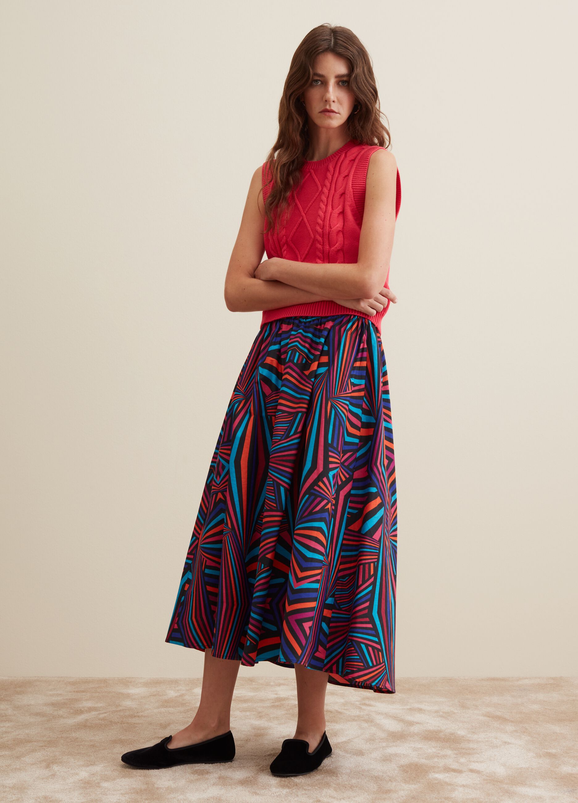 Midi skirt with multicoloured optical print_0