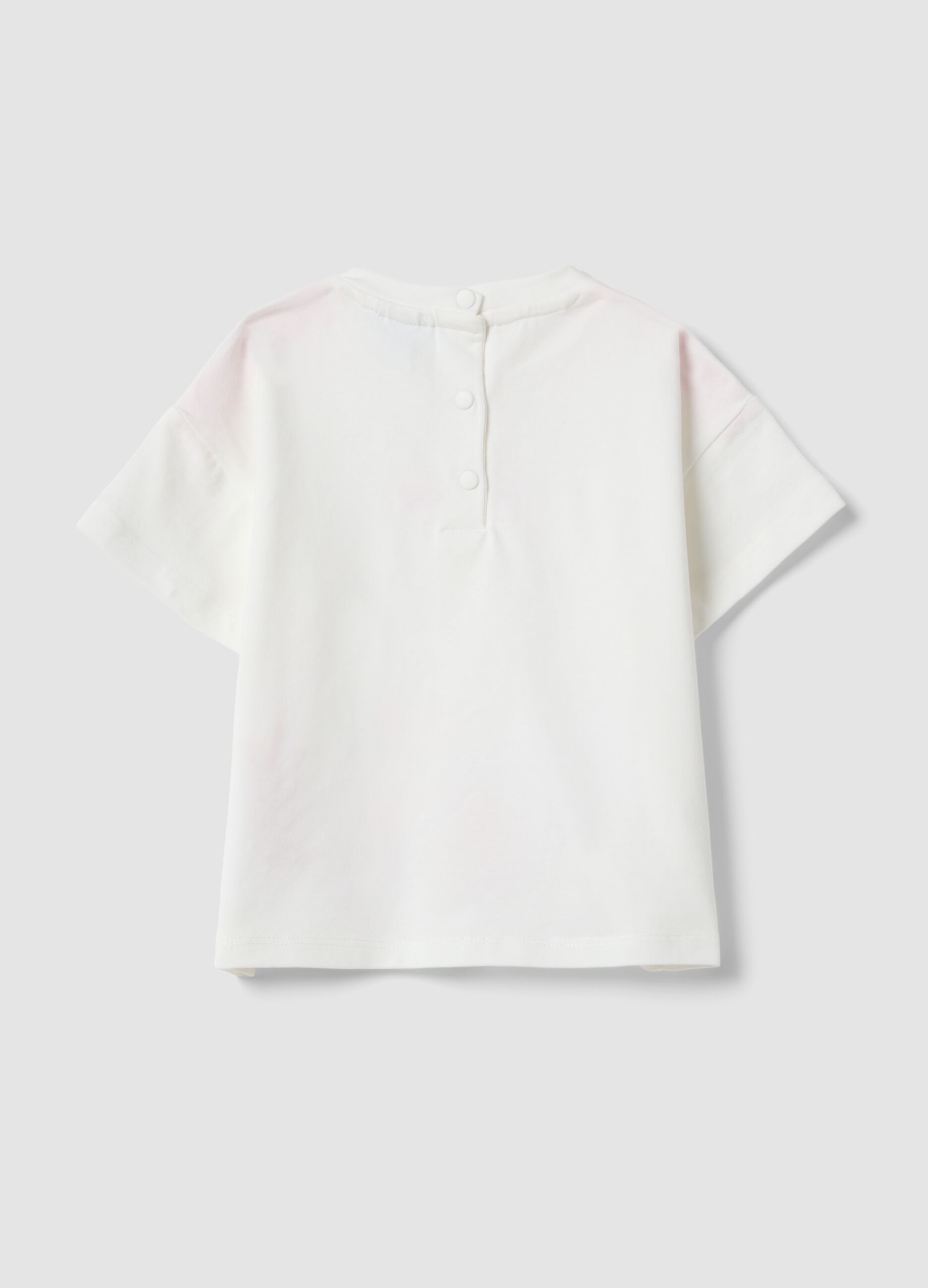 T-shirt branca em algod&atilde;o el&aacute;stico com estampado para beb&eacute; menina, corte regular