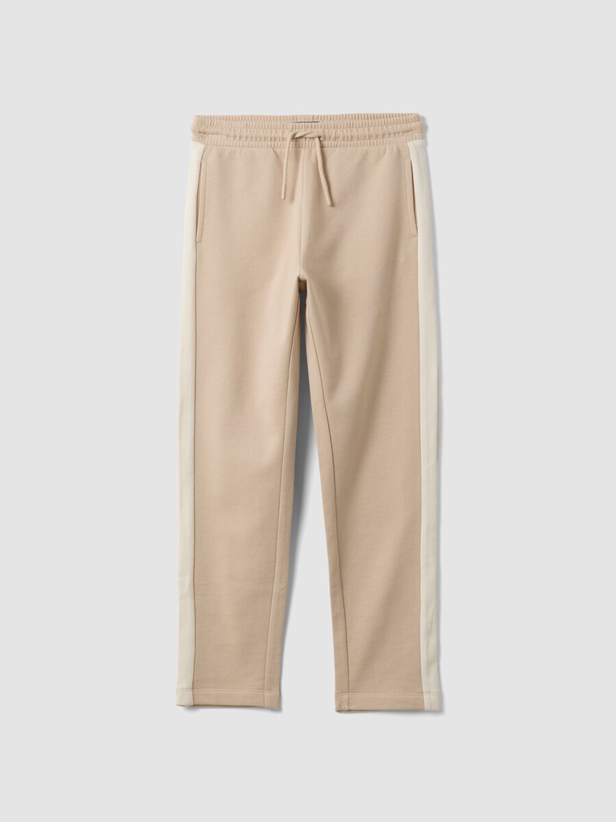 Beige pure cotton jogger trousers with side stripes for boys_3