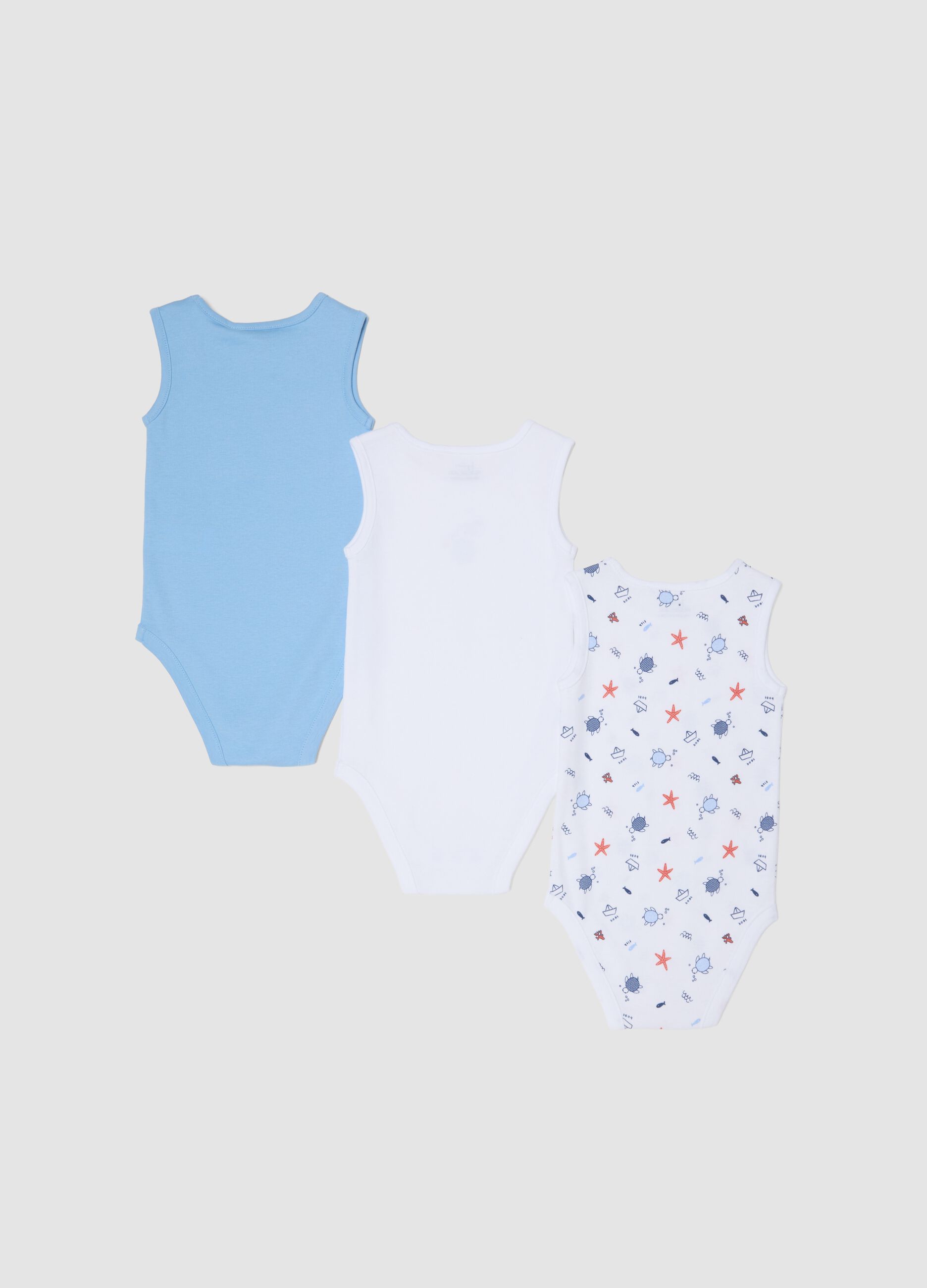 3-pack of blue sleeveless organic cotton bodysuits