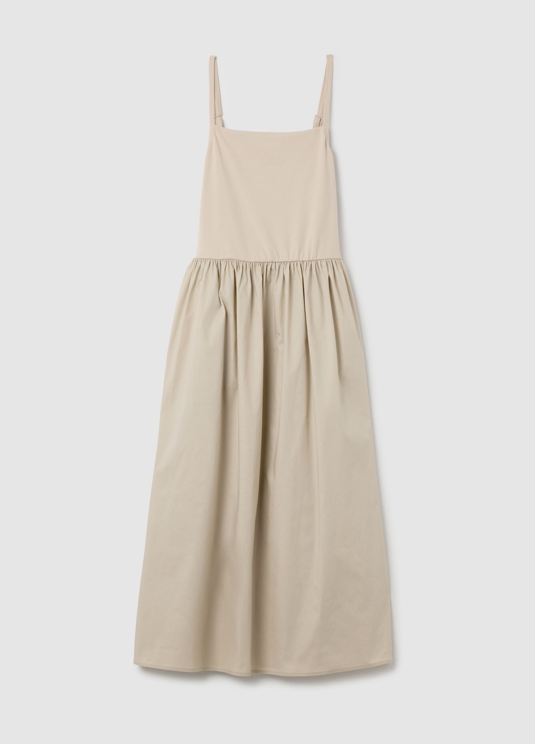 Women&rsquo;s beige sleeveless long dress in stretch cotton.