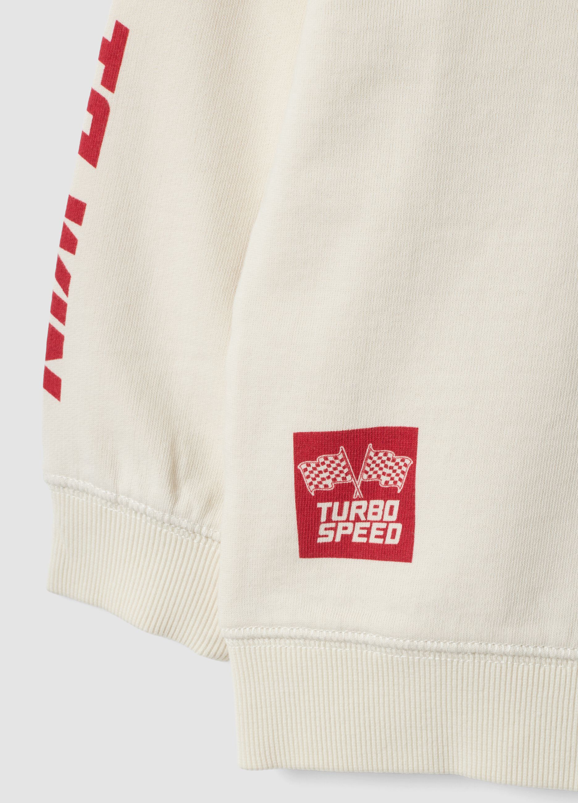 Felpa bianca in puro cotone con girocollo e stampa racing over fit