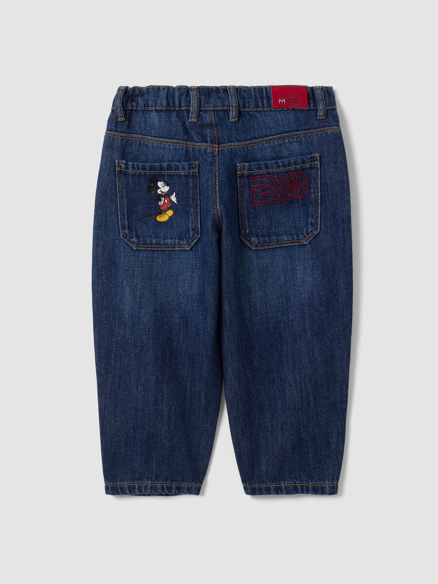 Blue cotton-viscose blend jeans with Mickey print, baggy fit for baby boy_1