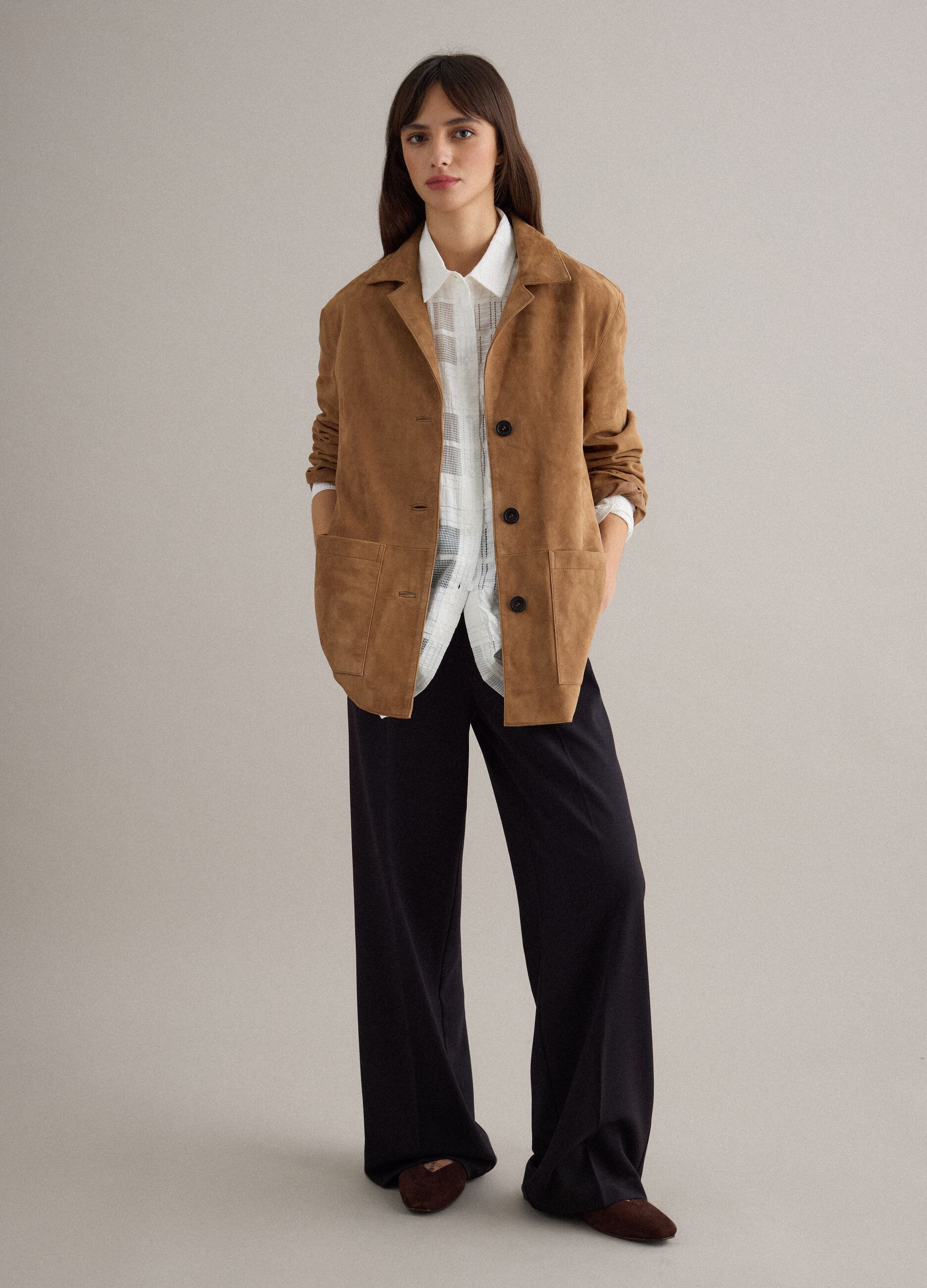 Brown genuine leather regular fit blazer with buttons