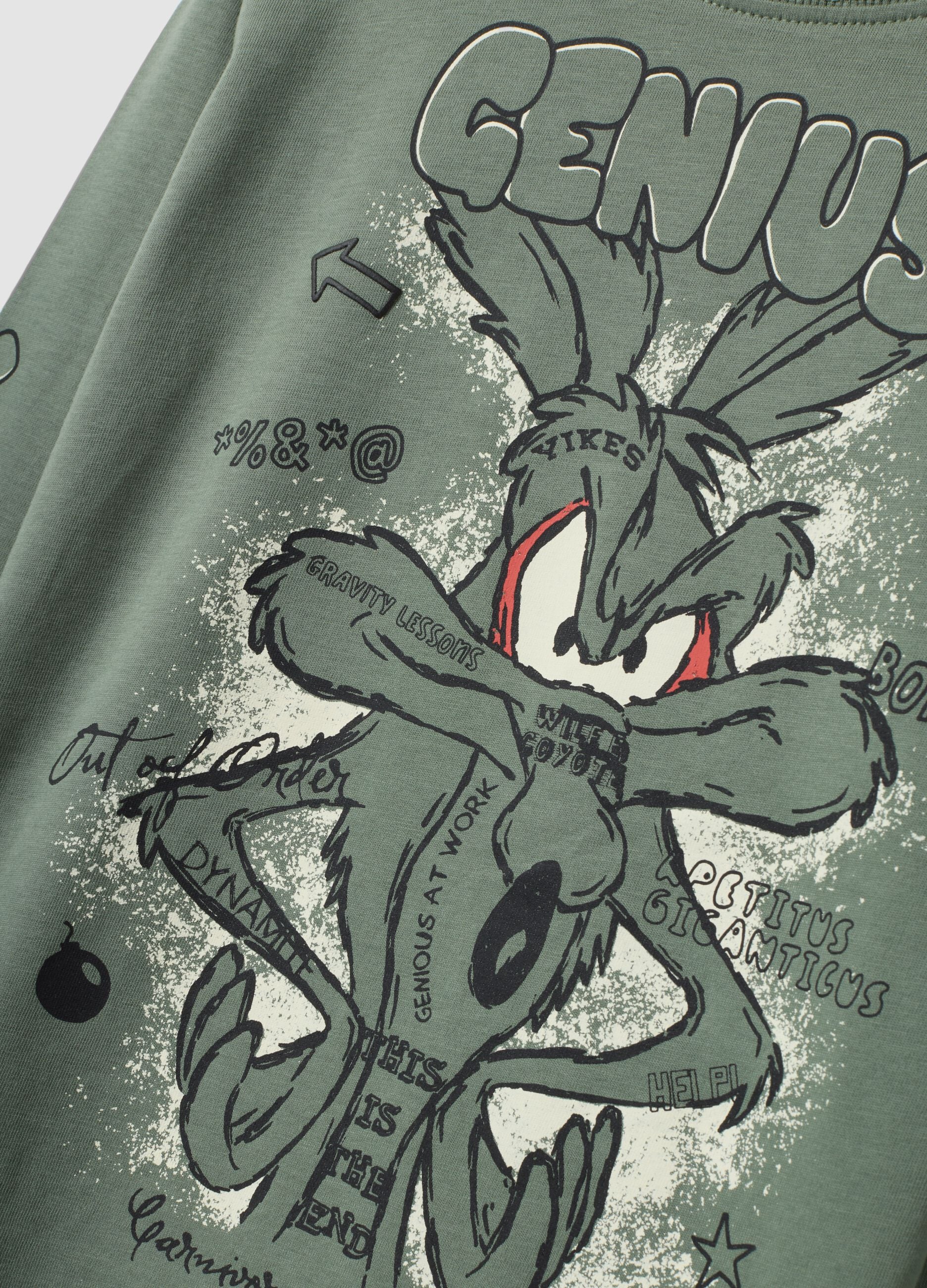 T-shirt verde de manga comprida em algod&atilde;o puro com estampado Looney Tunes para menino