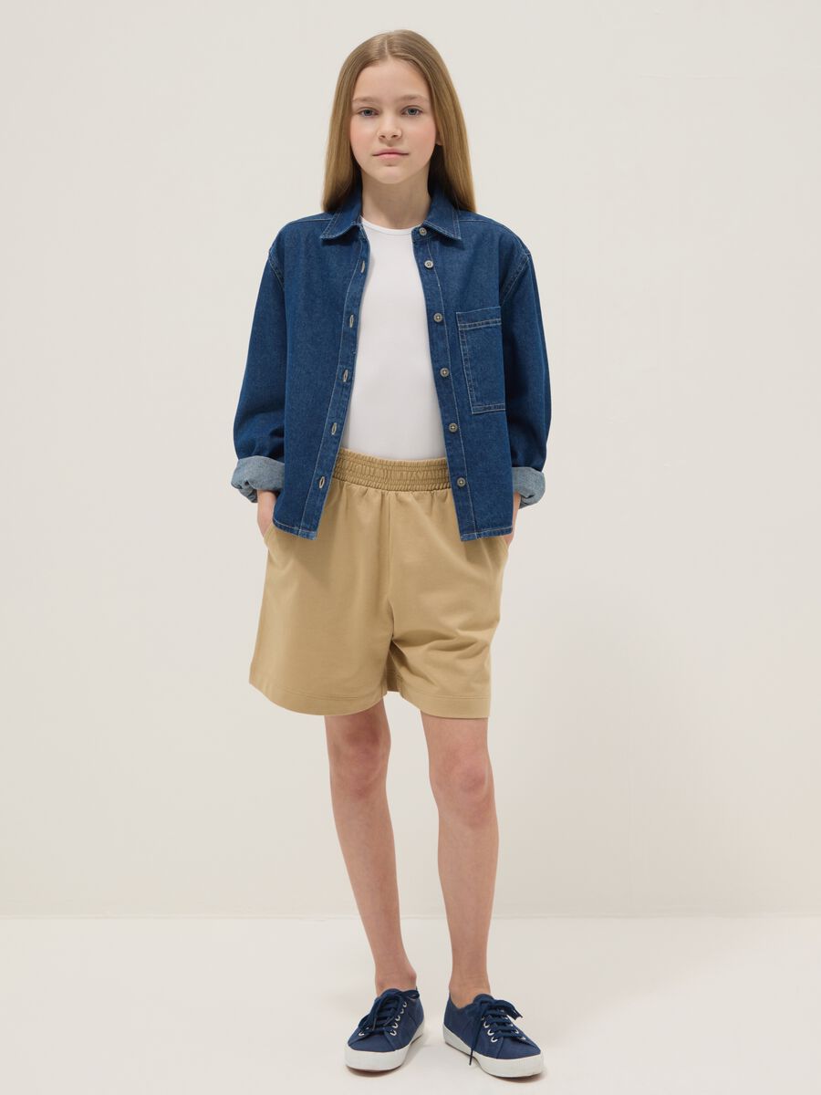 Girls' oversized fit beige pure cotton shorts_0