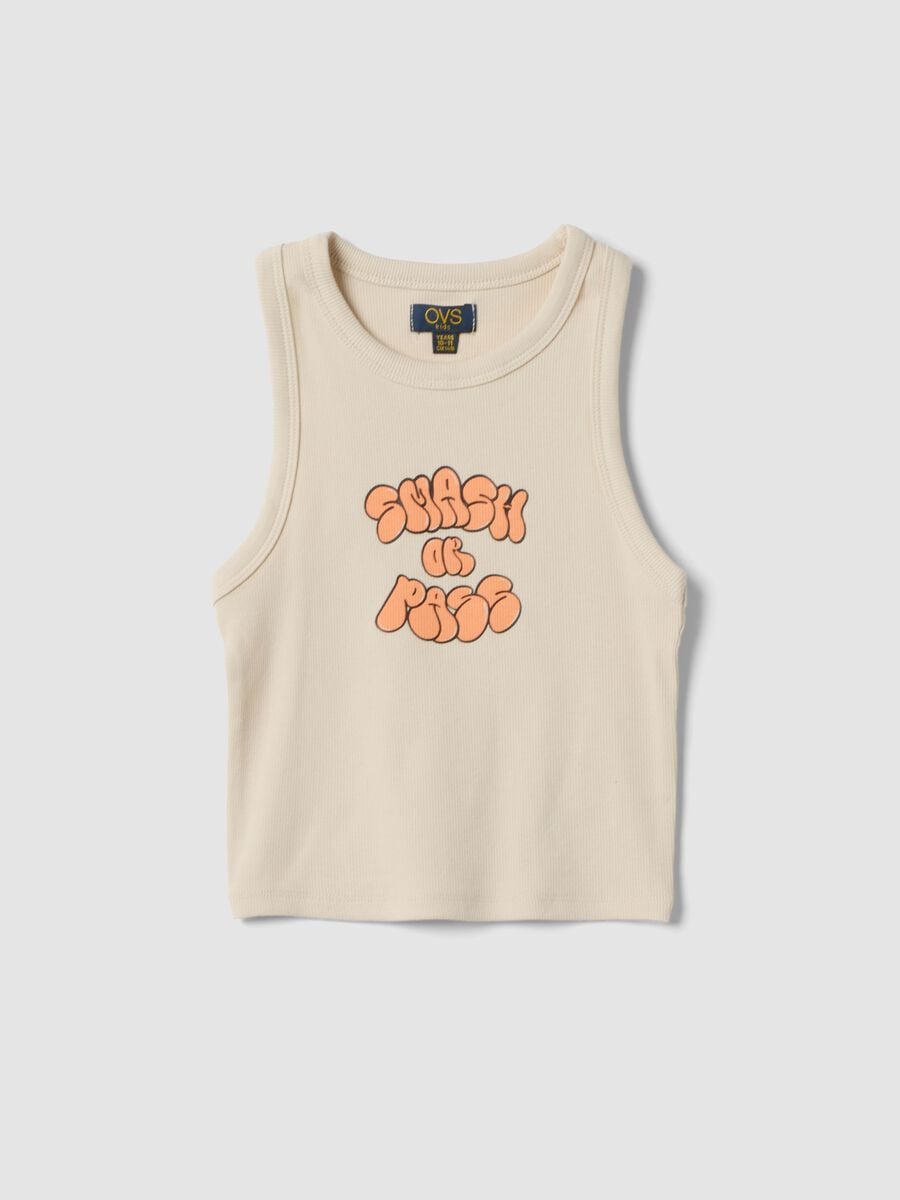 Beige fitted cotton-stretch printed vest top for girls_0