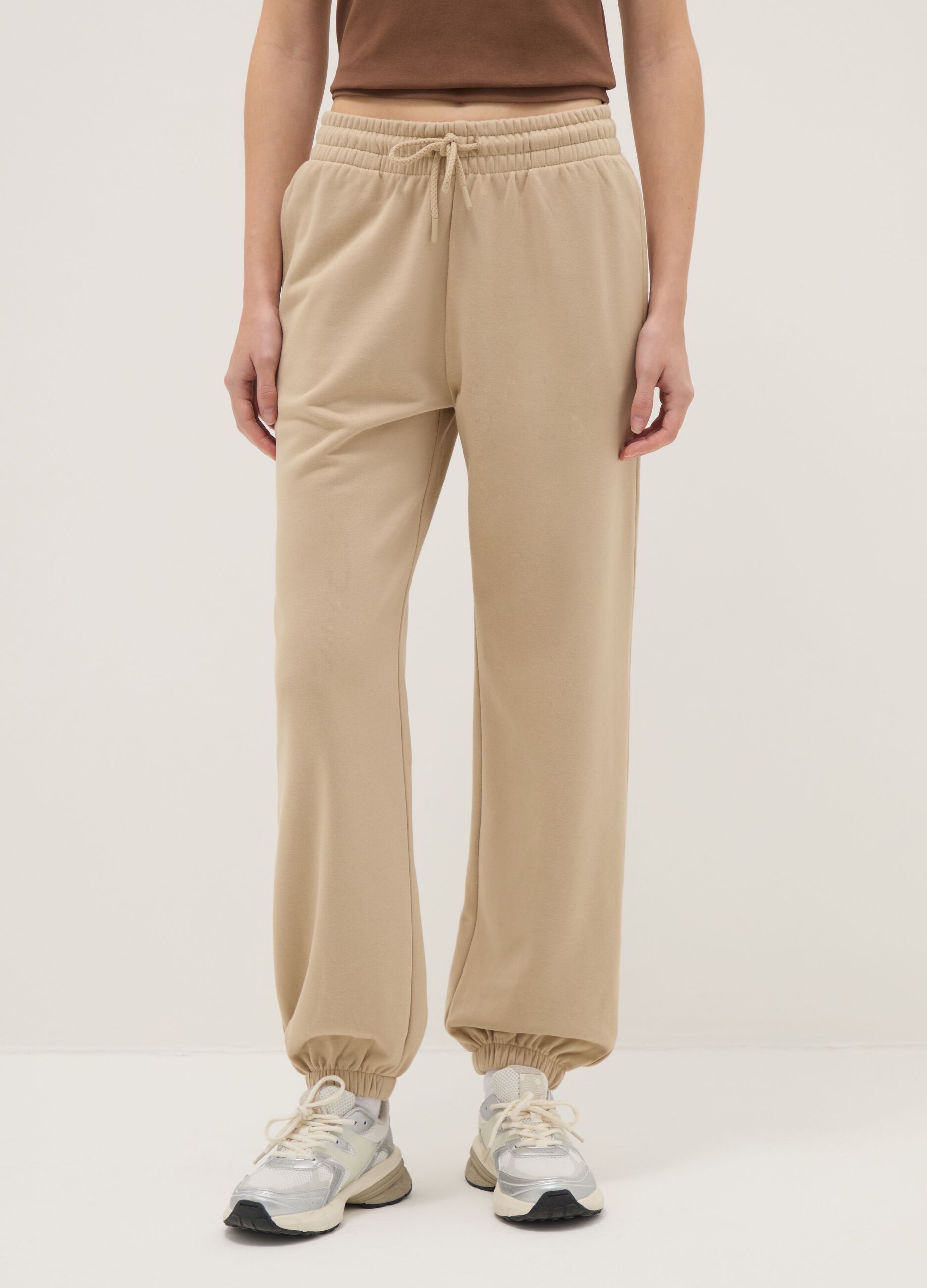 Beige cotton blend regular fit jogger trousers