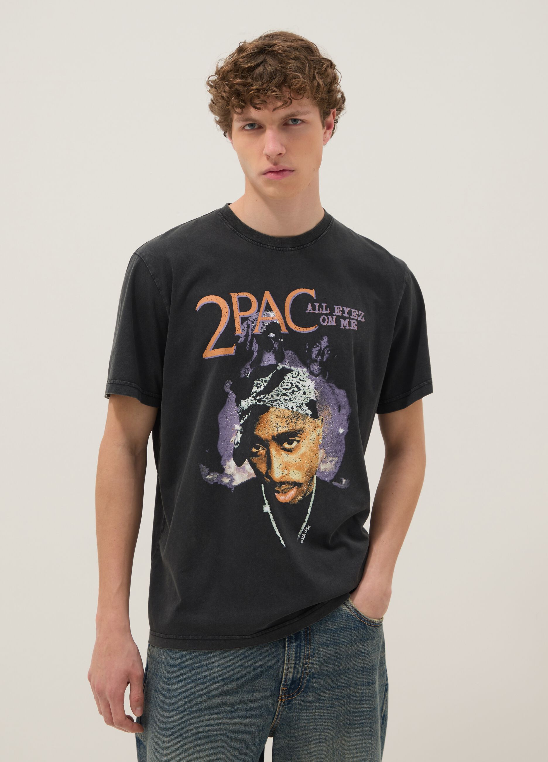 Schwarzes T-Shirt aus reiner Baumwolle mit 2Pac-Print, Relaxed Fit
