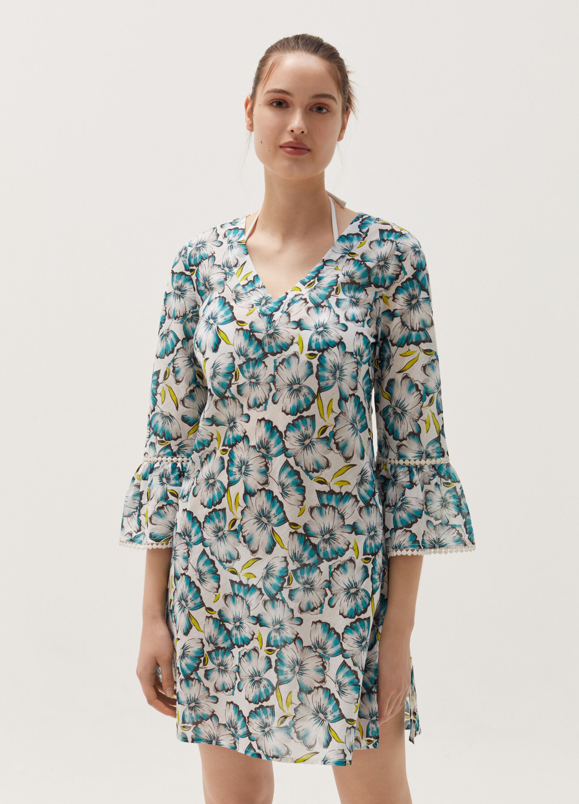 Cotton beach cover-up with flowers print
