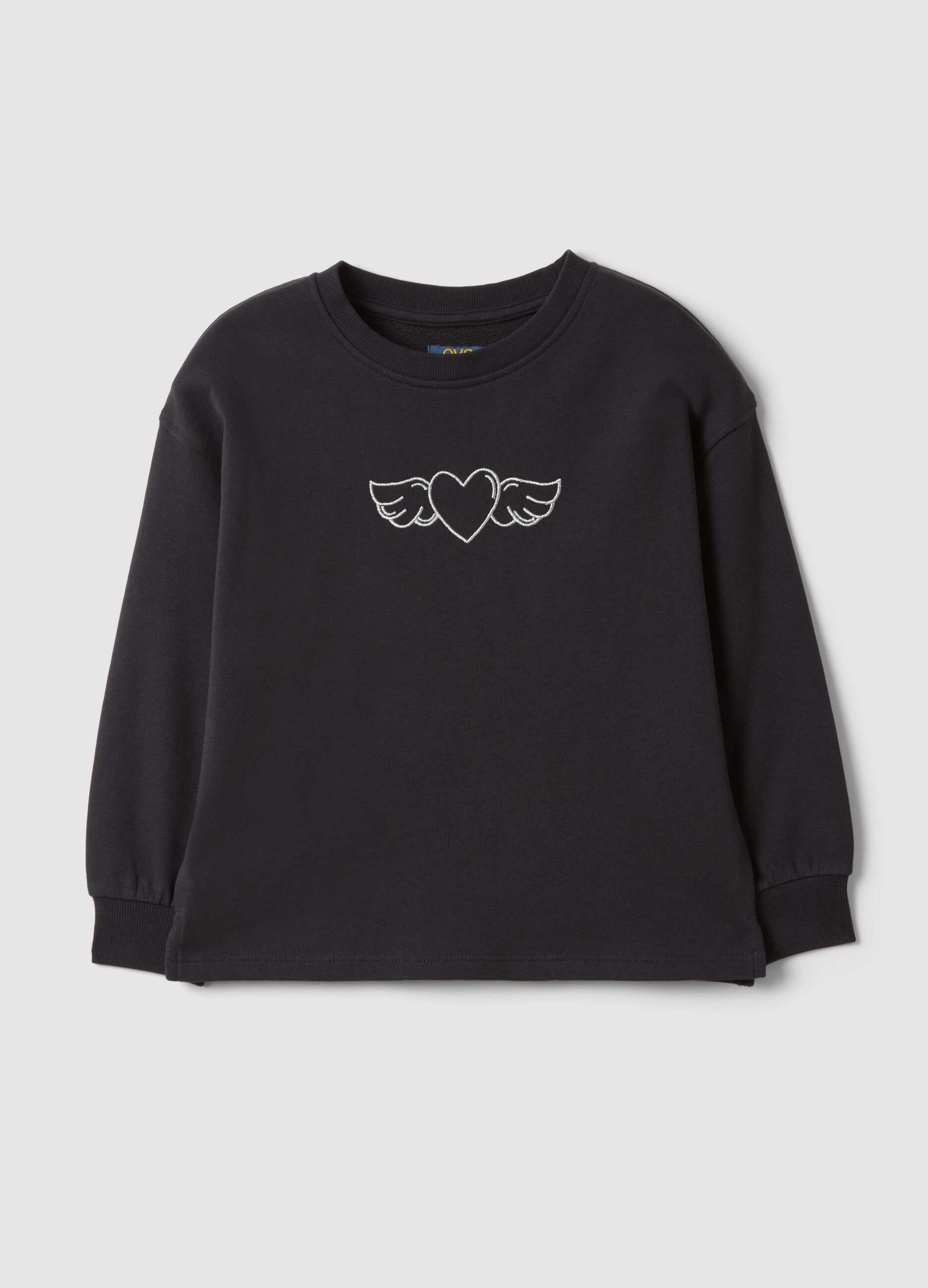 Black pure cotton crew-neck sweatshirt with heart print for girls