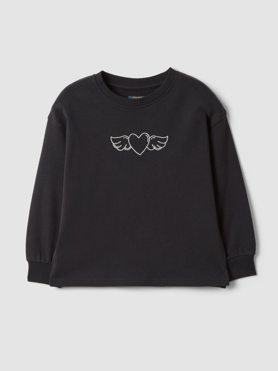 Black pure cotton crew-neck sweatshirt with heart print for girls_0
