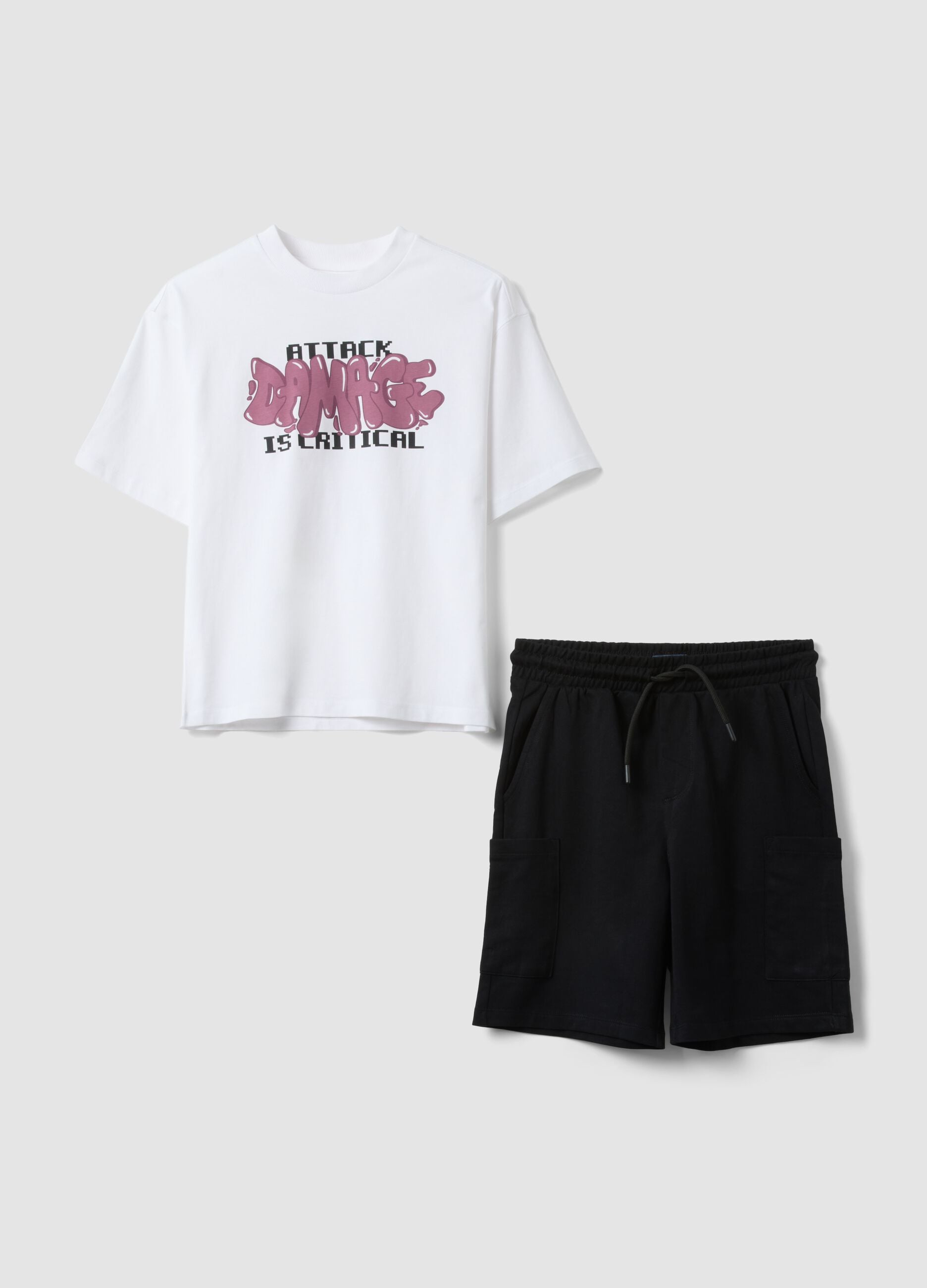 Schwarz-weisses Jungen-Set aus reiner Baumwolle mit Print, Oversize-Passform
