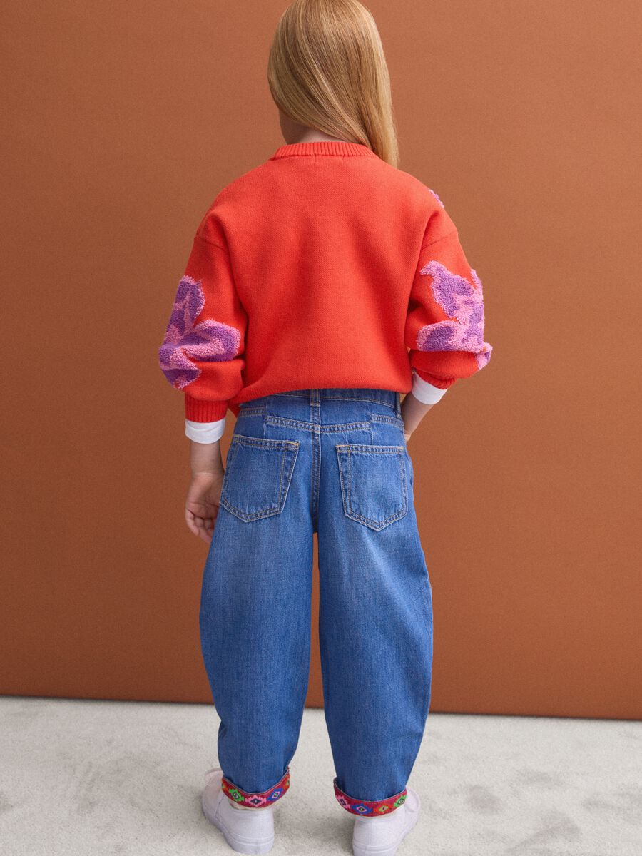 Girls&rsquo; blue baggy pure cotton jeans with embroidered turn-up hem_2
