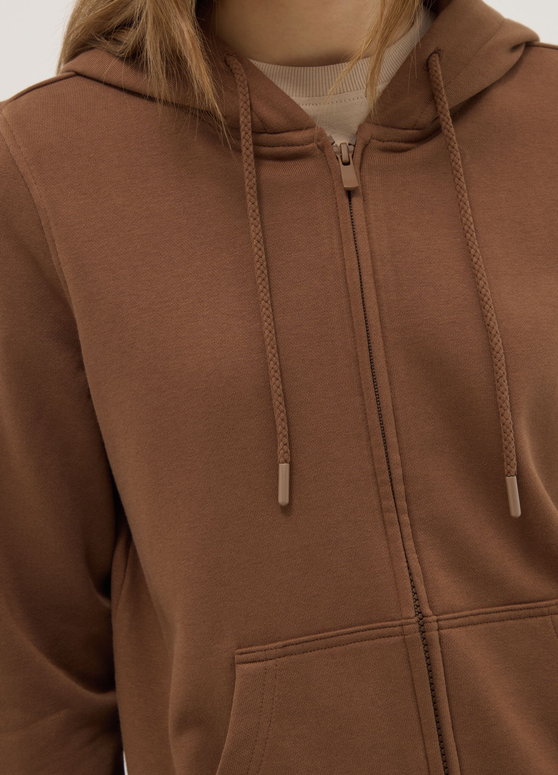 Brown cotton blend regular fit hoodie with zip