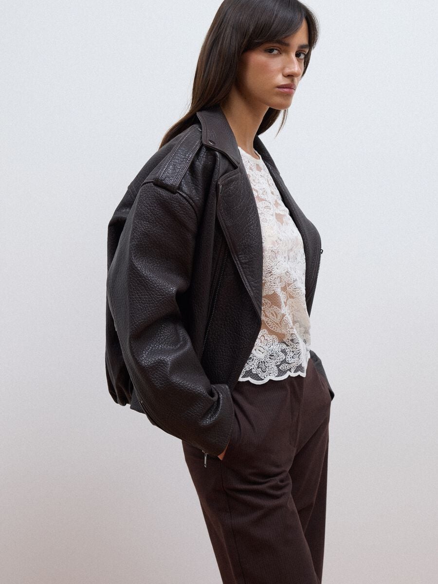 Brown oversized genuine leather biker jacket_0