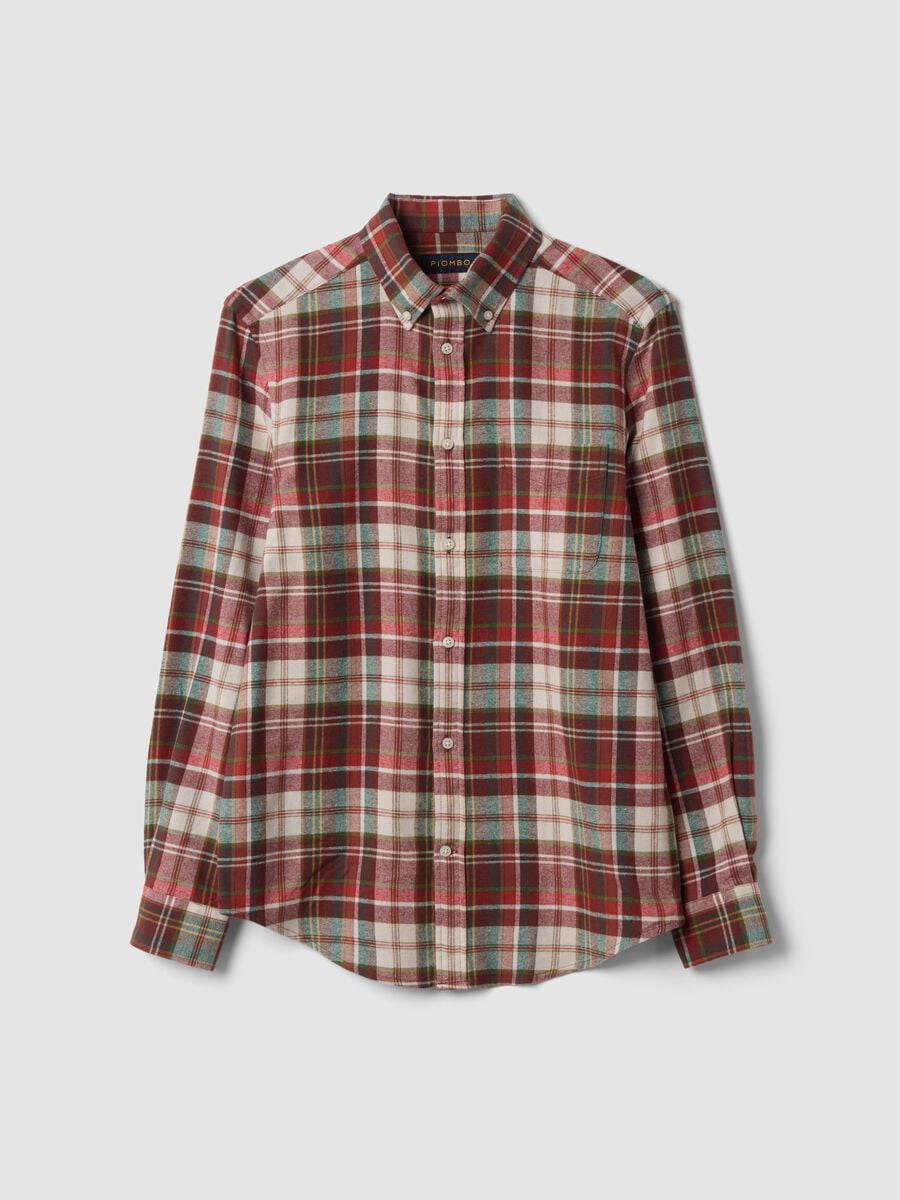 Camisa de franela de algod&oacute;n puro a cuadros naranja y verde, corte regular_0
