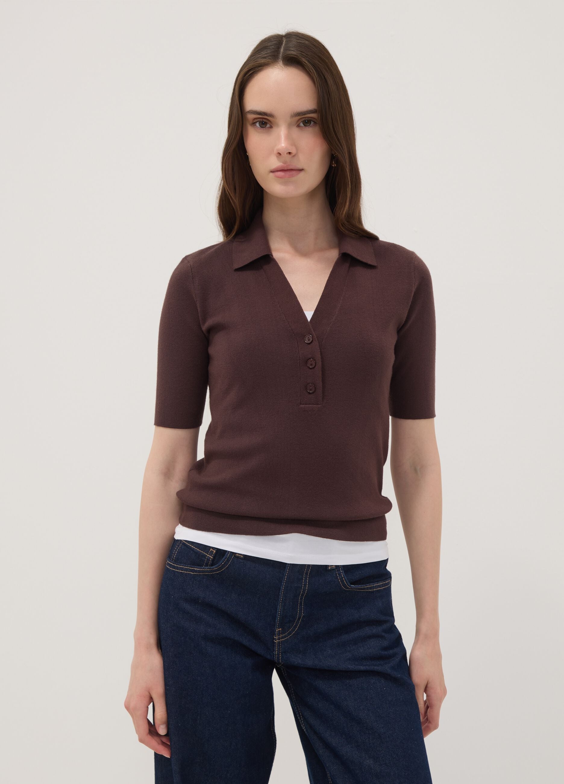 Brauner Polo-Pullover aus Viskosemix, Regular Fit