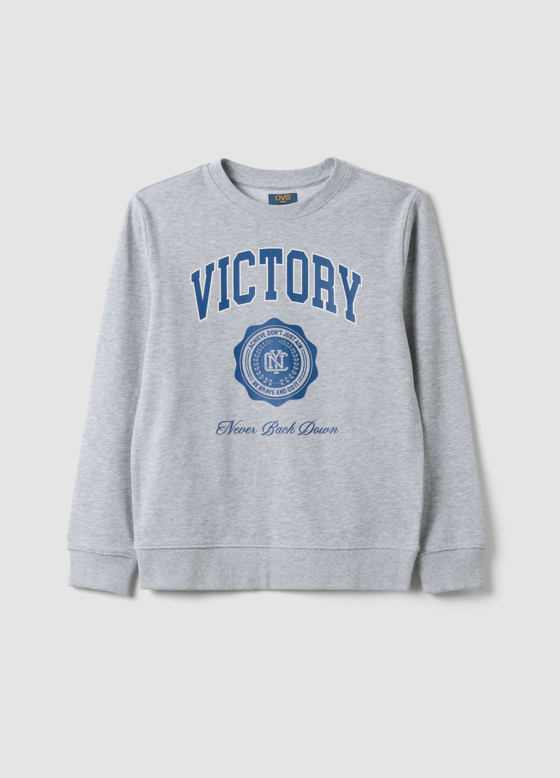 Grey cotton and viscose blend sweatshirt with &ldquo;Victory&rdquo; slogan for boys