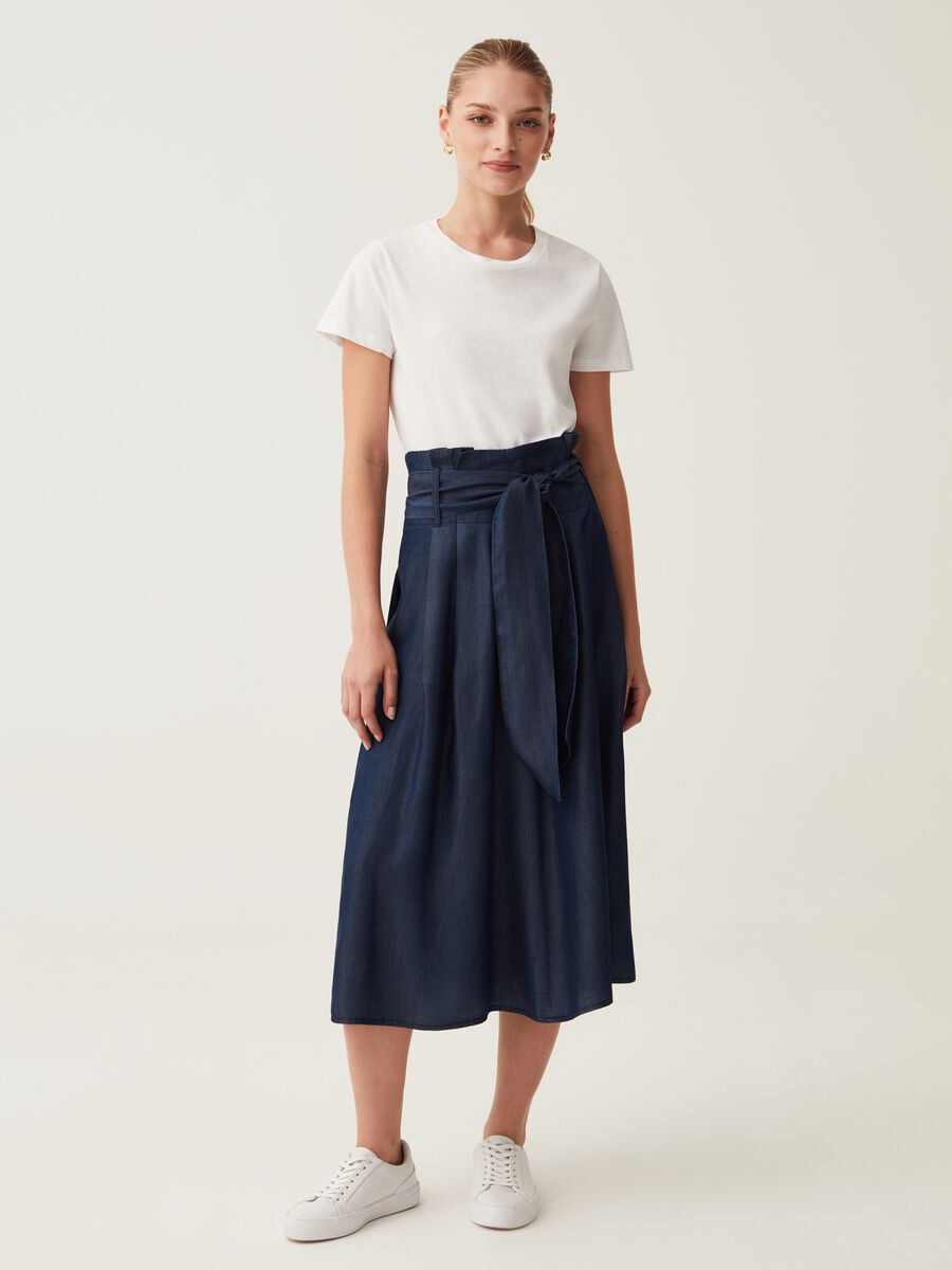 Denim-effect midi skirt with belt_0
