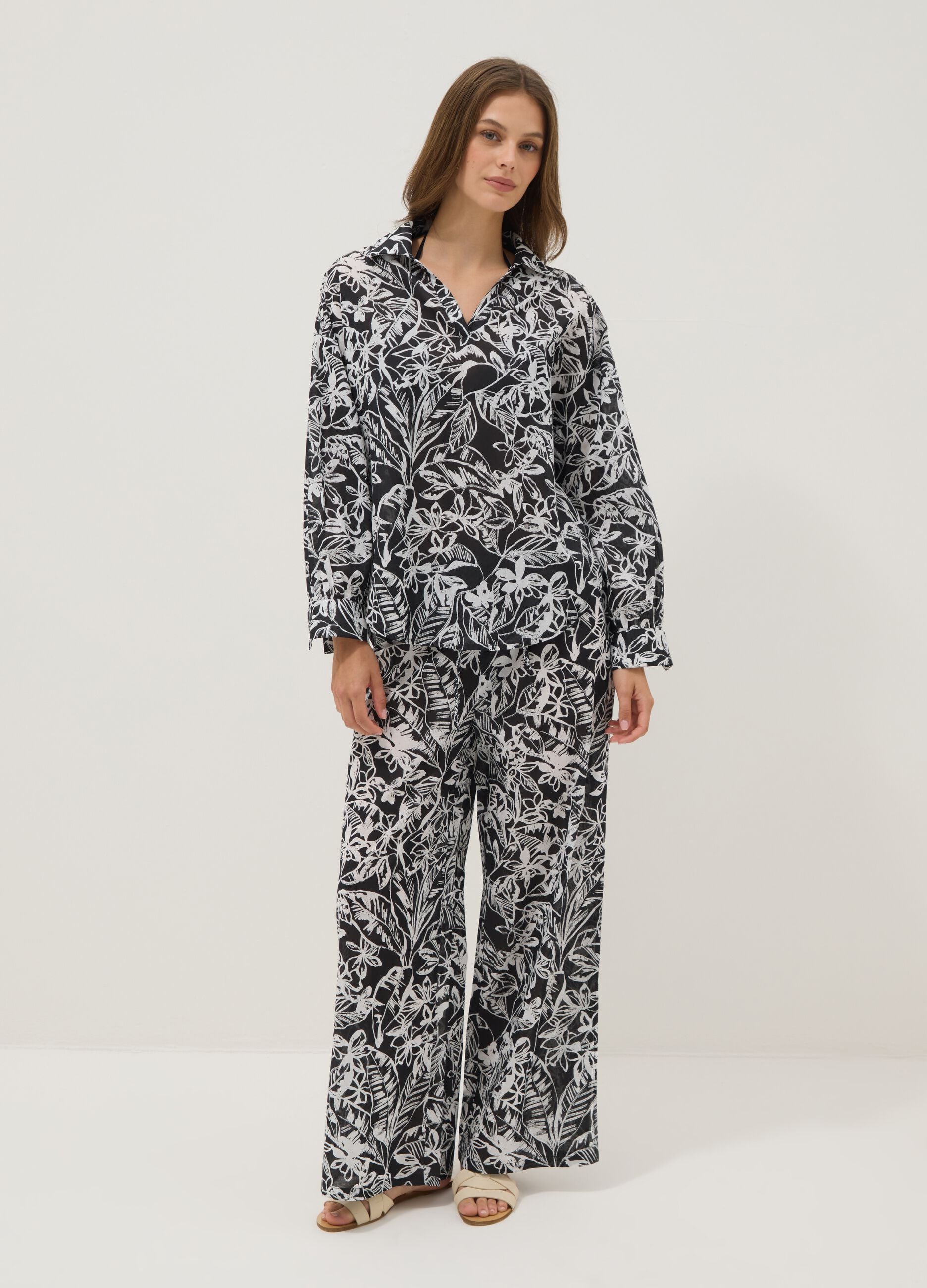 Multicoloured pure cotton long trousers with floral print