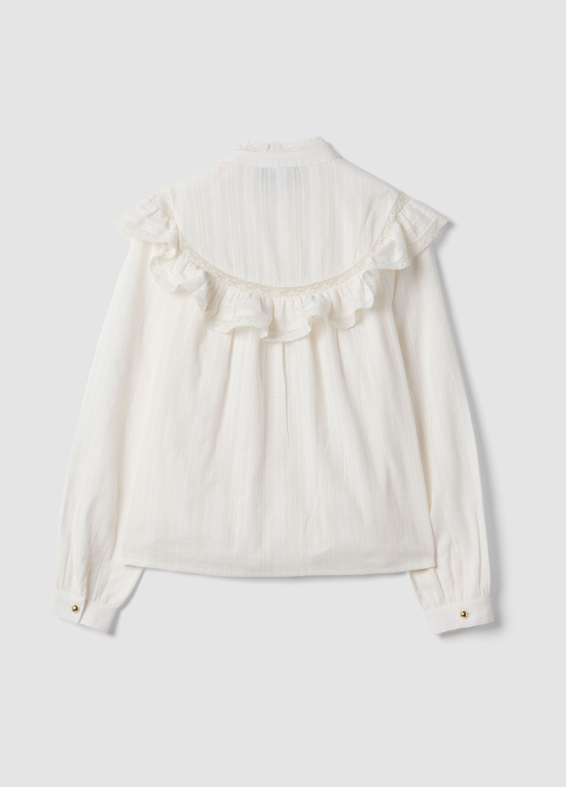 Camicia bianca in puro cotone con collo coreano e volant