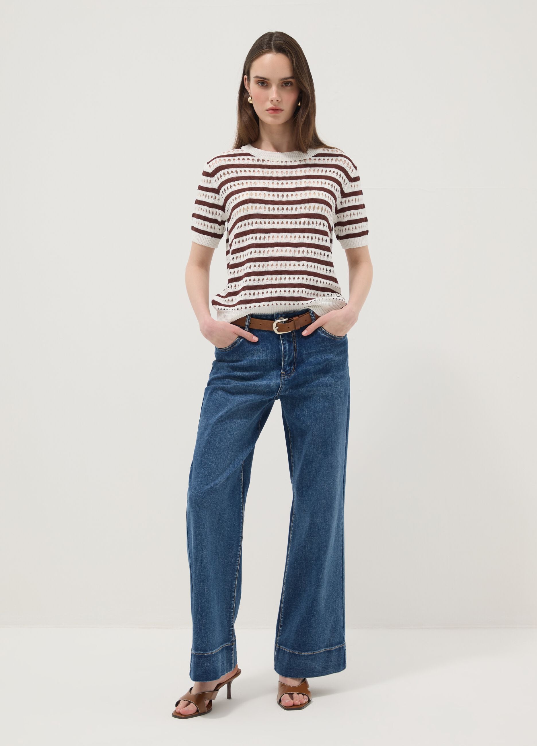 White and brown striped open-knit viscose-blend T-shirt, regular fit