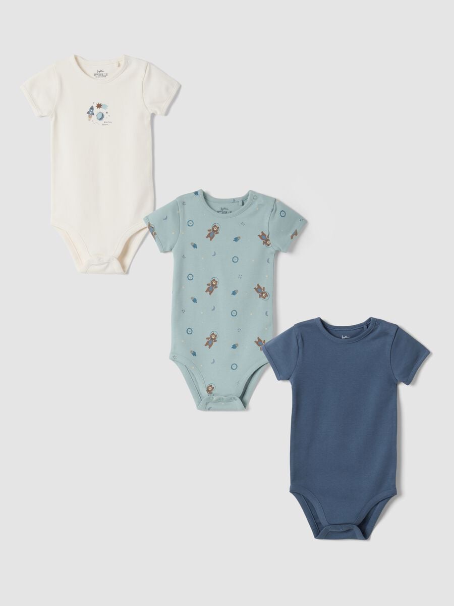 Pack de 3 bodies de beb&eacute; em azul &aacute;gua, azul e marfim em algod&atilde;o org&acirc;nico puro, gola redonda_0