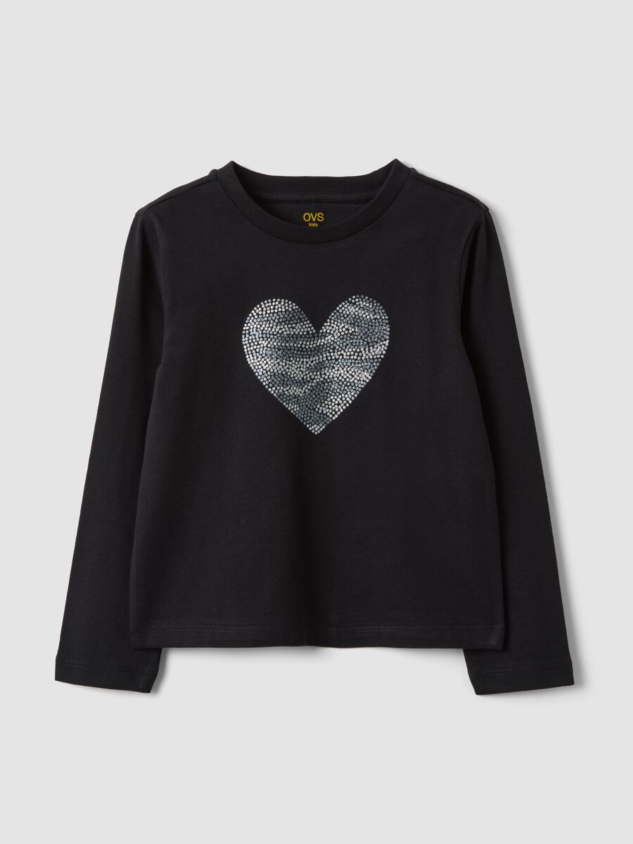 Girls&rsquo; black organic cotton T-shirt with heart print_0