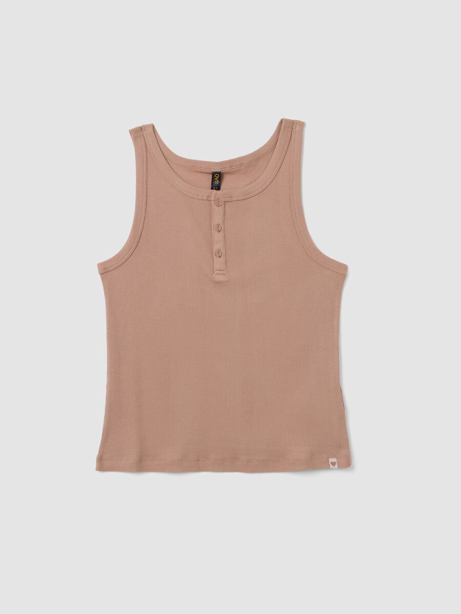 Beige ribbed cotton and viscose blend henley vest top_0
